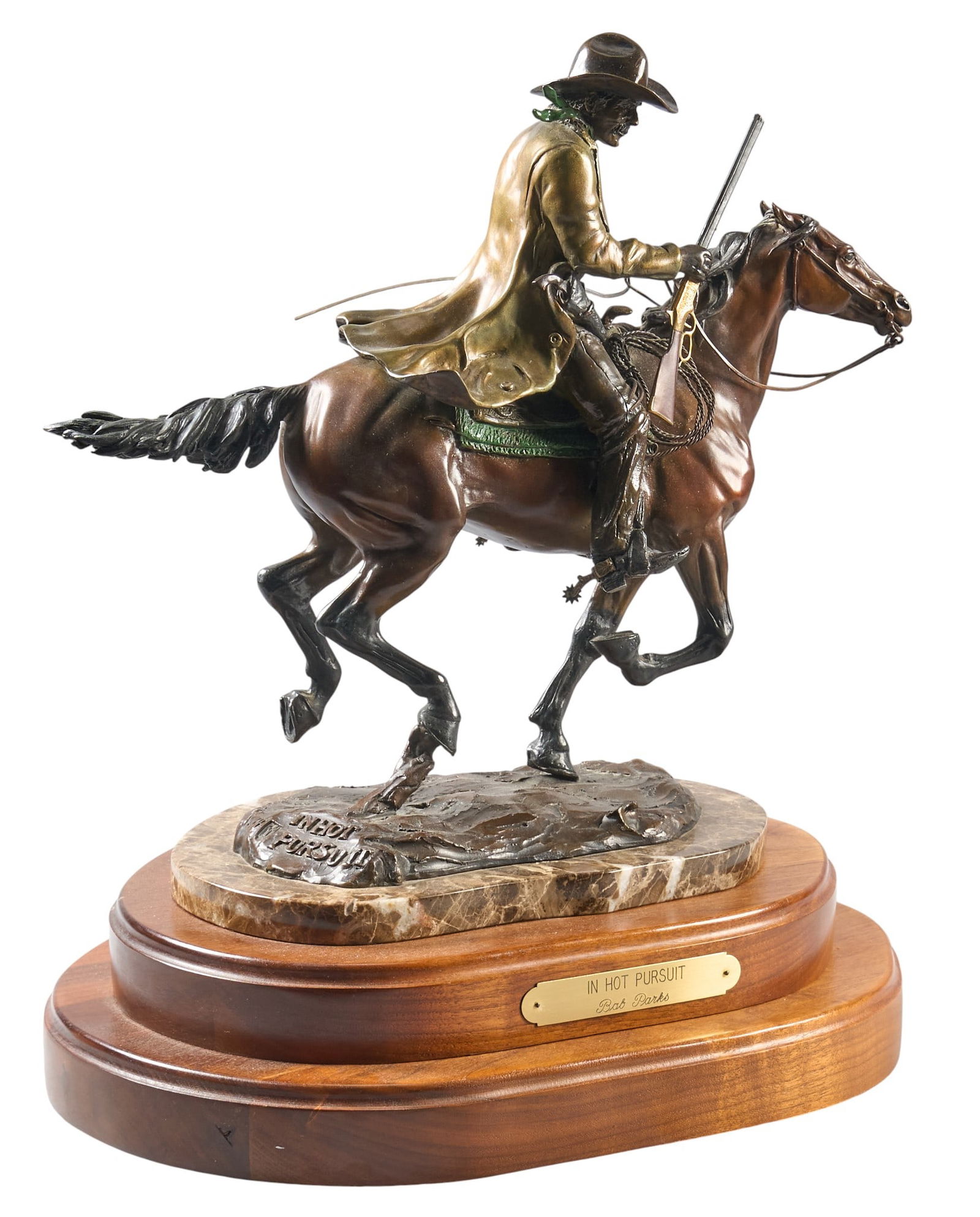 Bob Parks, "In Hot Pursuit": Bob Parks (Arizona / California, 1943-2017), "In Hot Pursuit", artist-cast bronze sculpture on wooden base, stamped title, incised signature and edition number,