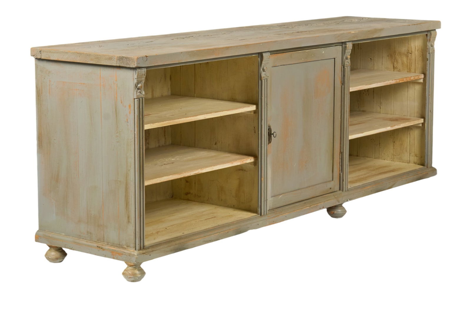 Rustic General Store Counter: Rustic general store counter with open shelving and cabinet, supported on bun feetheight 34 in. x width 87 in. x depth 22 in. 