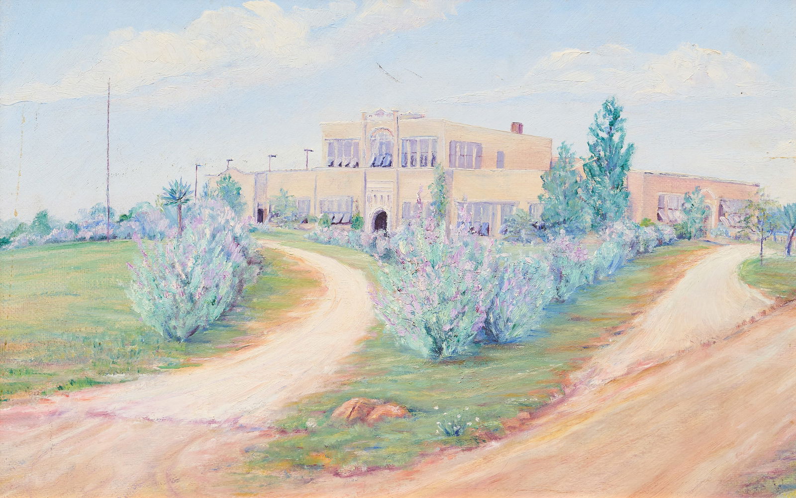 Exa Wall, Pearsall High School: Exa Wall (San Antonio, Texas, 1898-1998), view of Pearsall High School, oil on canvas, signed faintly lower rightsight: 14 x 23 in., frame: 18.5 x 27 in.Provenance: Property from a home in San