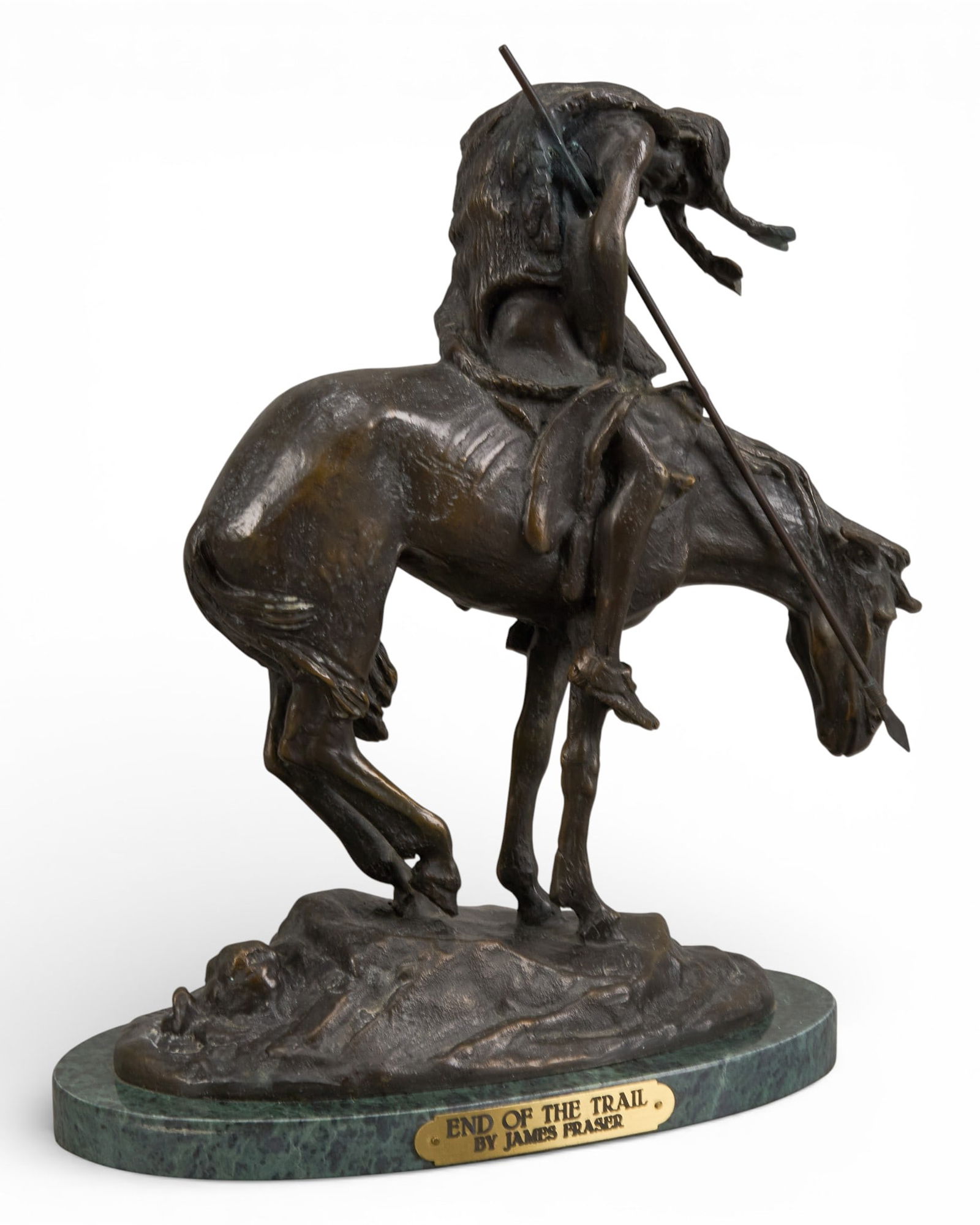 After James Fraser, "The End of the Trail": After James Earle Fraser (Amer., 1876-1953), "The End of the Trail", bronze recast sculpture on green stone baseheight 13 in. x width 9.5 in. x depth 4.5 in.Provenance: Property