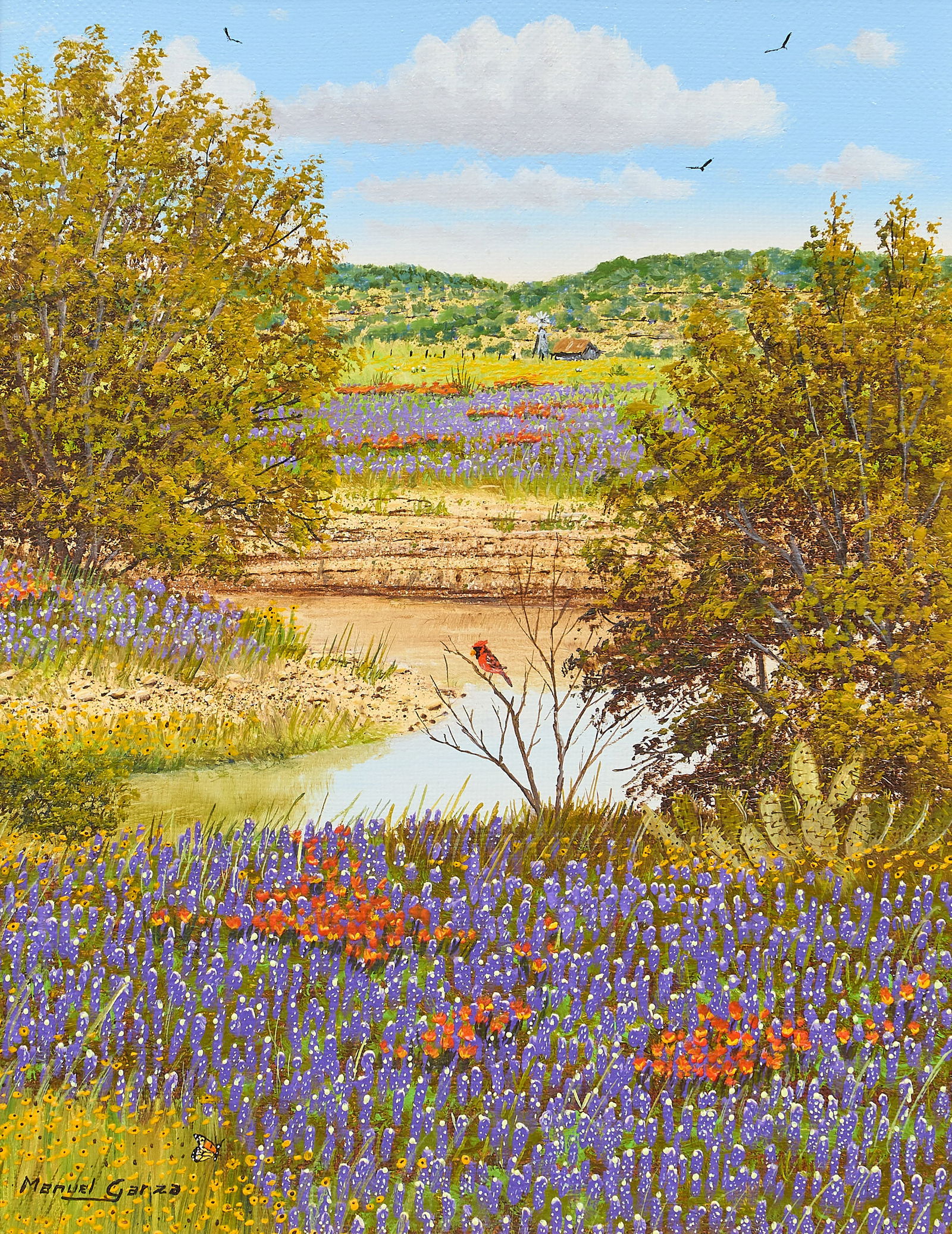 Manuel Garza, Bluebonnets and Creek: Manuel Garza (Texas, b. 1940), bluebonnets and creek with distant farmhouse and windmill, oil on canvas, signed lower leftsight: 9 x 7 in., frame: 14 in. x 12 in.Provenance: Property from a home