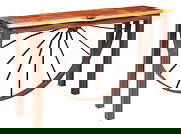 Rustic Cedar Entry Table: Vintage ranch style cedar entry table with rustic iron legs, and wagon wheel decoration height 27.5 in. x width 50 in. x depth 16 in. Provenance: Property from a home in Goldwaithe, Texas