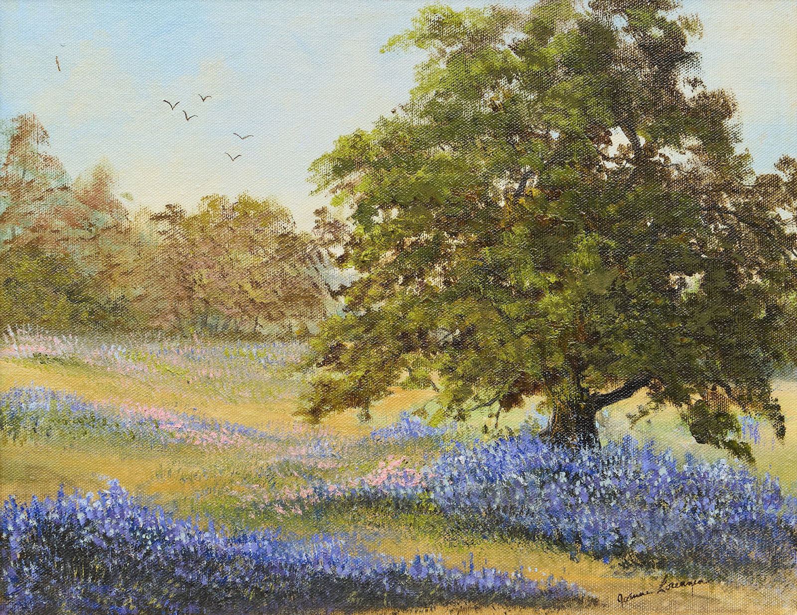 Joanne Lorenzen, Bluebonnet Landscape: Joanne Lorenzen (Lubbock, Texas, 20th C.), bluebonnet and oak tree landscape, oil on canvas panel, signed lower rightsight: 11 x 14 in., frame: 15.5 x 18.5 in.Provenance: Property from