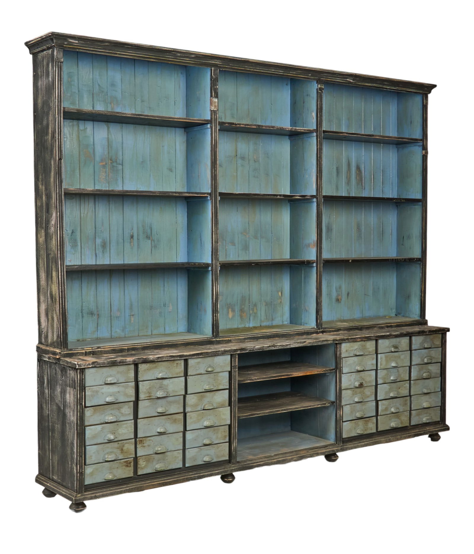 Monumental General Store Apothecary Cabinet: Monumental, over-nine-foot-wide, rustic two-piece general store apothecary cabinet with open shelved top section, supported on base with numerous drawers, and bun feet, with distressed