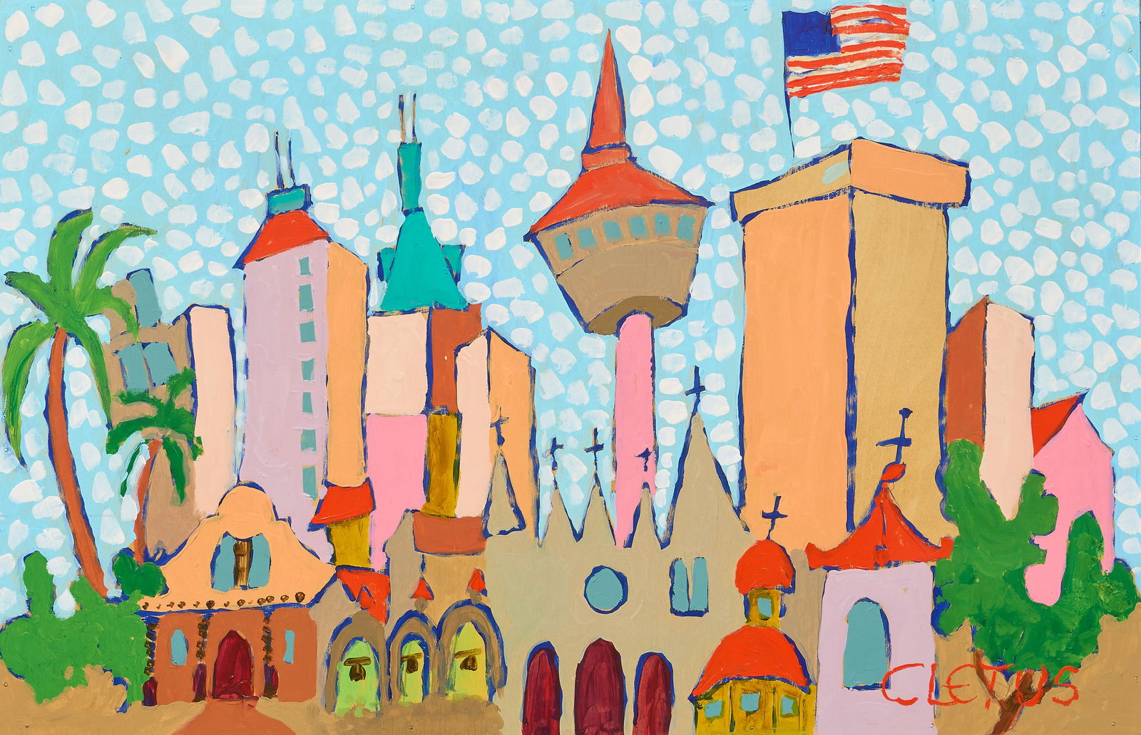 Brother Cletus, San Antonio Skyline: Brother Cletus Behlmann (San Antonio, Texas, 1933-2016), view of the San Antonio skyline and landmarks, including the Missions and the Tower of the Americas, acrylic on wood panel, in artist-made box