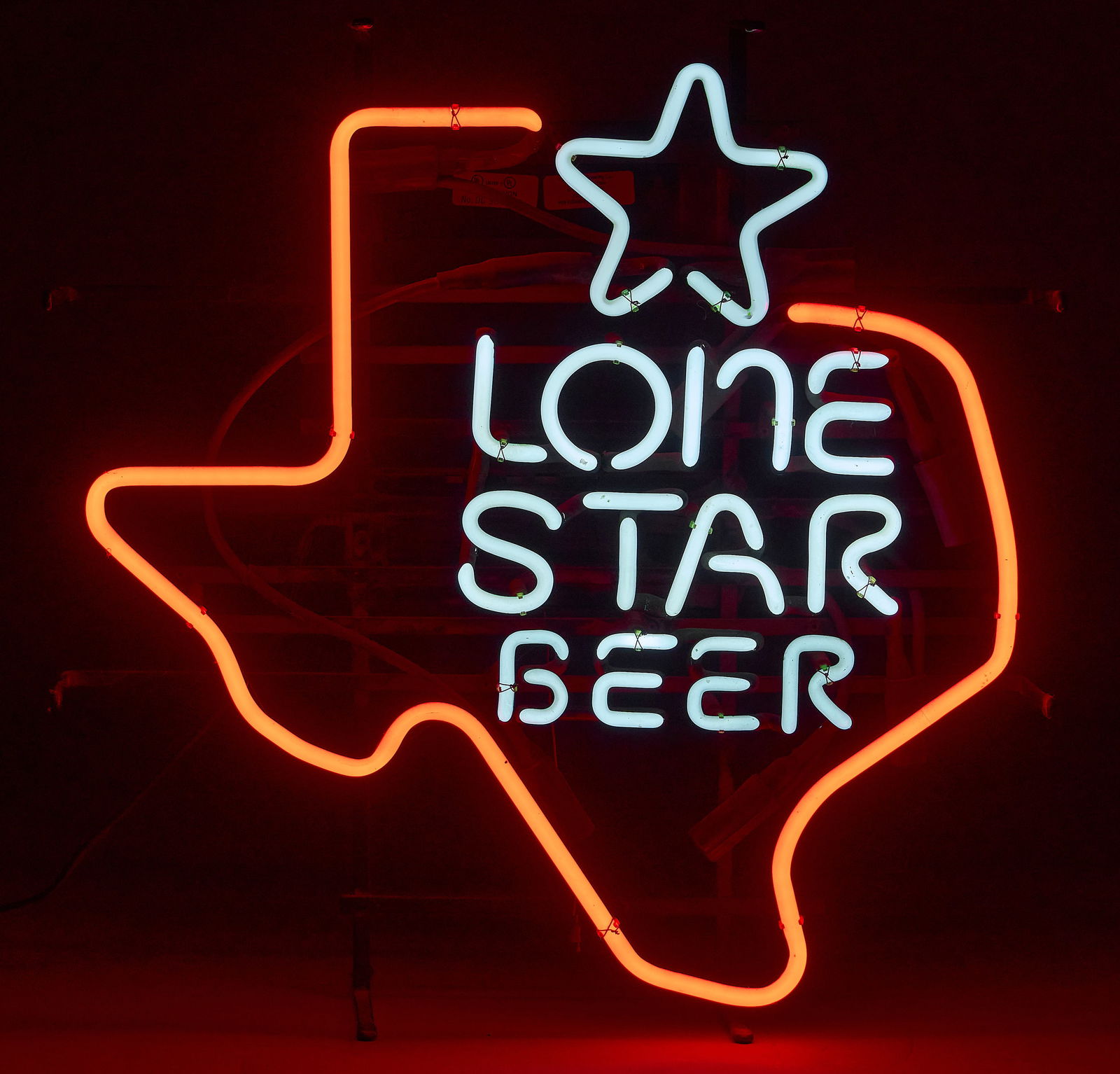 Vintage Lone Star Beer Texas Neon Sign, 2003: Vintage Lone Star Beer neon sign, with shape of Texas state design, with red and white stylized neon, circa 2003height 22 in. x width 21.5 in. x depth 5 in.Provenance: Property