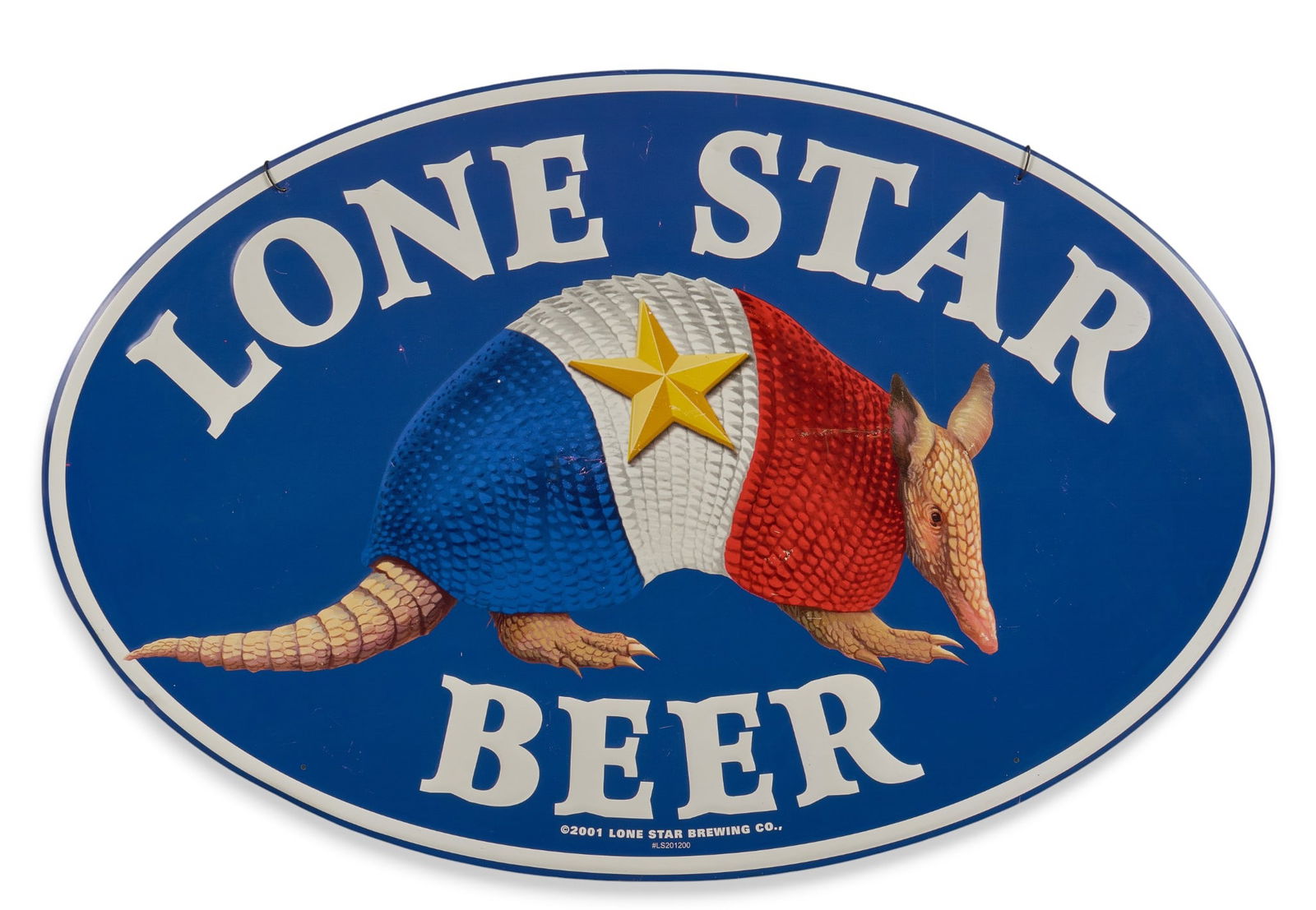Lone Star Armadillo Metal Sign: Lone Star Beer new old stock metal sign, with armadillo and Texas flag designheight 22.5 in. x width 34 in. Provenance: Property from a San Antonio, Texas antiques collector