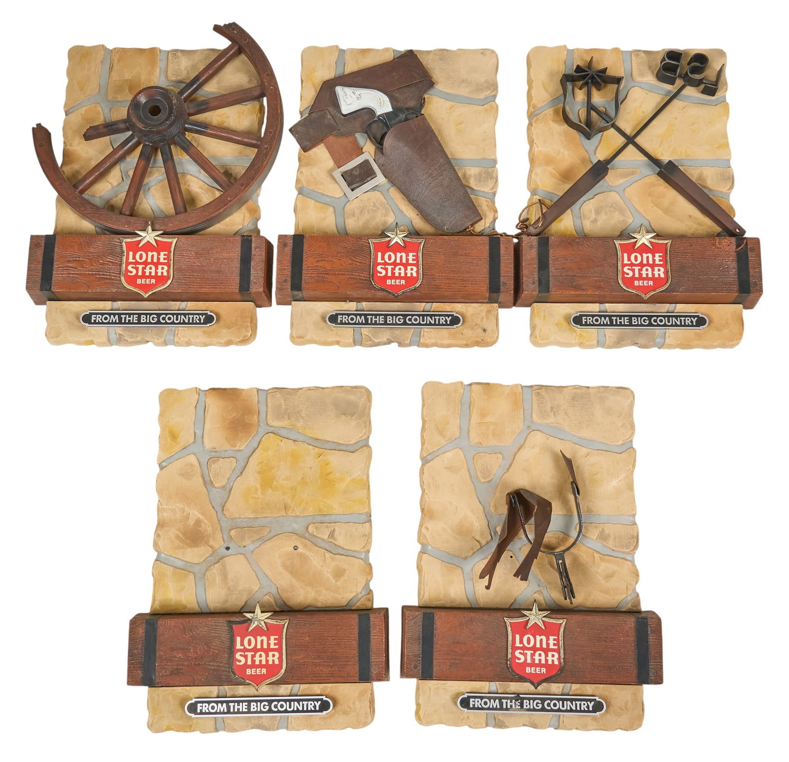 (5) Lone Star Beer Signs, 1970s: Collection of five various Lone Star Beer plastic wall signs with Western items, circa 1970s height 20 in. x width 15 in. x depth 3 in. / each Provenance: Property from a San Antonio, Texas collector