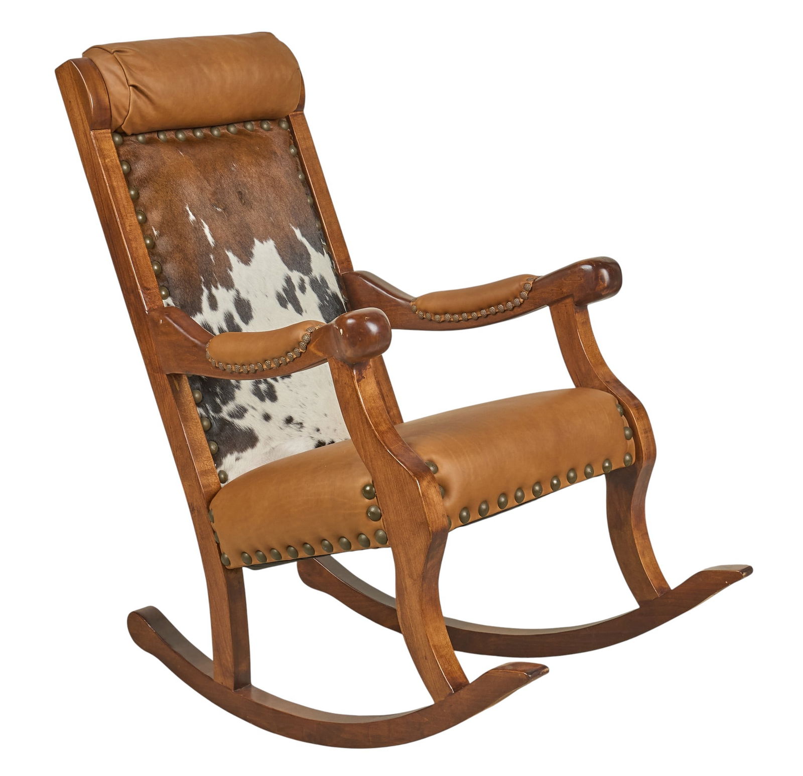 Ranch Style Rocking Chair: Ranch style rocking chair with brown leather, and hair on cowhide upholstery, and metal nailhead trim height 45 in. x width 46 in. x depth 26 in. Provenance: Property from a home in San Antonio, Texas