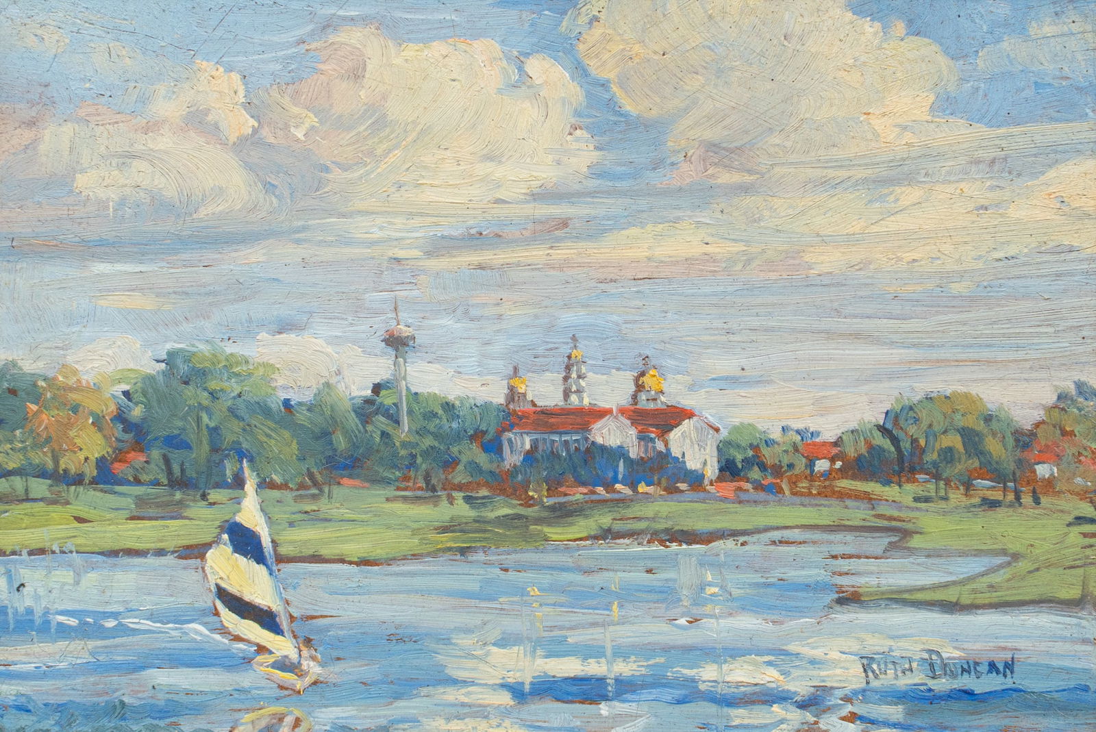 Ruth Duncan, Woodlawn Lake: Ruth Duncan (Texas, 1908-2002), view across Woodlawn Lake (San Antonio, Texas), oil on panel, signed lower right sight: 6 x 9 in., frame: 9.5 x 11.5 in. Provenance: Property from a home in San An