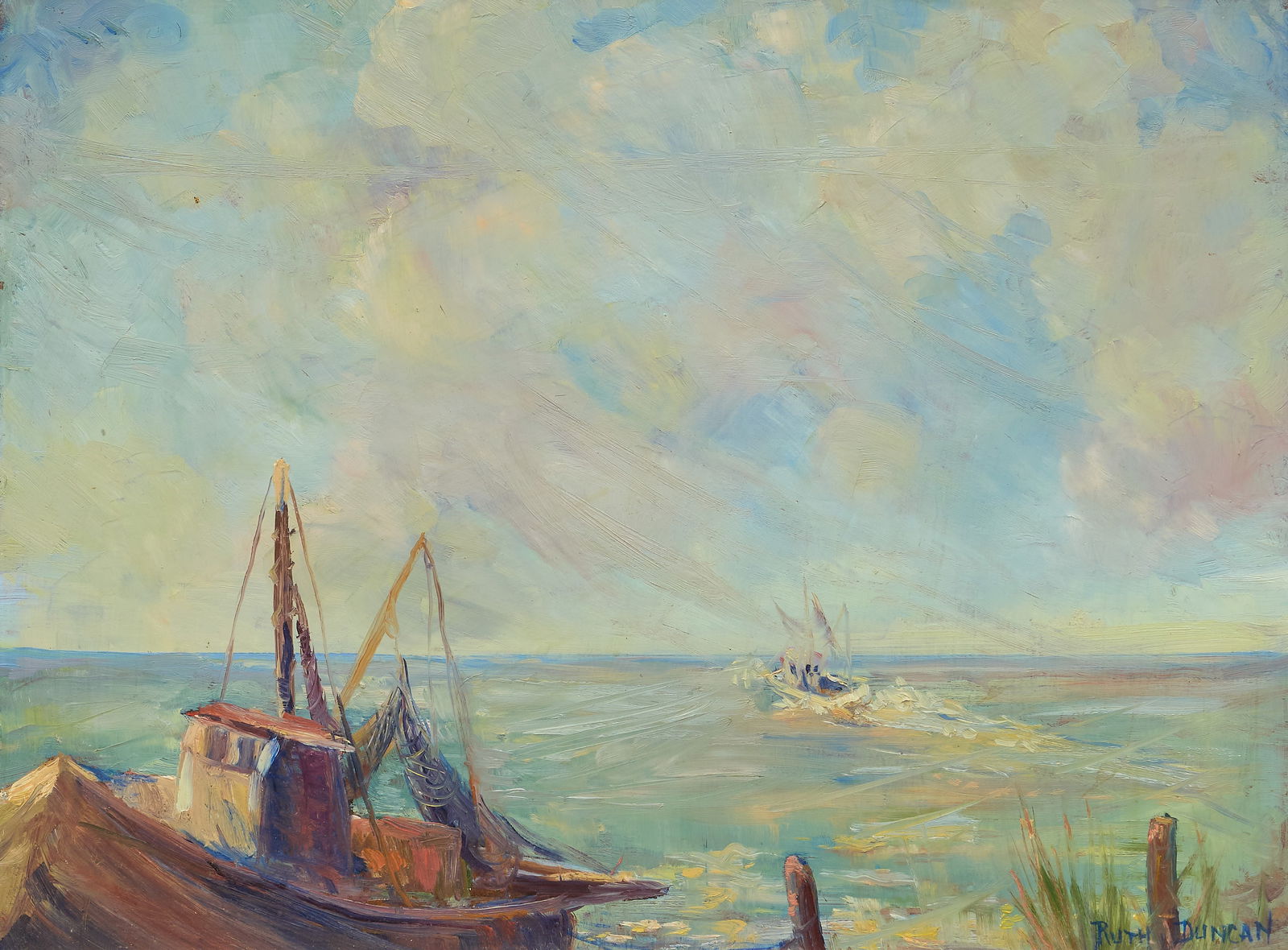 Ruth Duncan, "Shrimp Boats - Rockport Basin": Ruth Duncan (Texas, 1908-2002), "Shrimp Boats - Rockport Basin", oil on masonite, signed lower right sight: 12 x 16 in., frame: 20 x 16 in. Provenance: Property from a home in