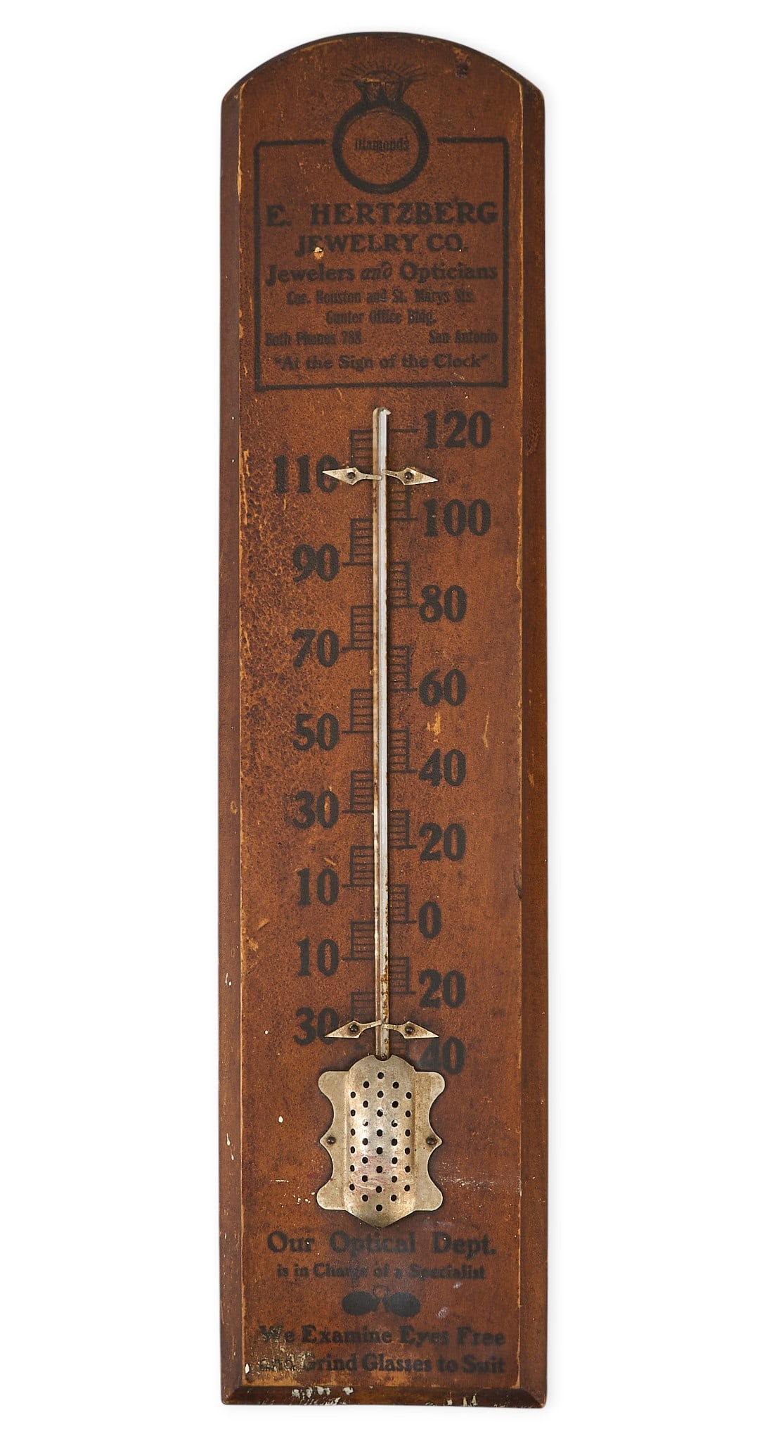 E. Hertzberg Jewelry Co. Advertising Thermometer: Antique E. Hertzberg Jewelry Co. advertising thermometer with wood backing with printed text and temperature scale, and a metal indicator, circa 1890s height 21.5 in. x width 5 in. x depth 1 in. 
