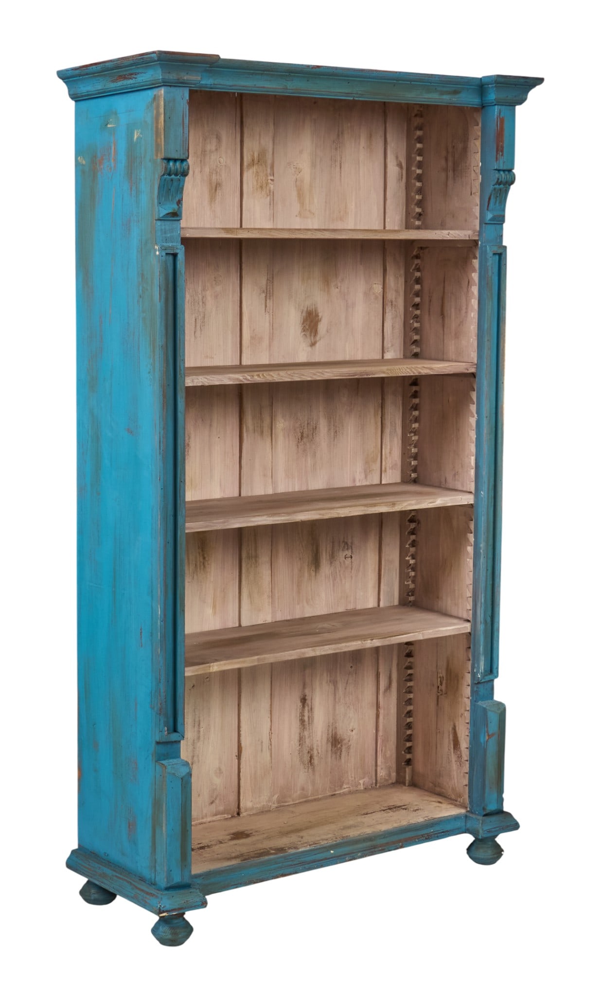 Rustic Bookcase: Rustic bookcase with four shelves, and distressed blue and white paint finishes height 70.5 in. x width 40 in. x depth 16 in. 