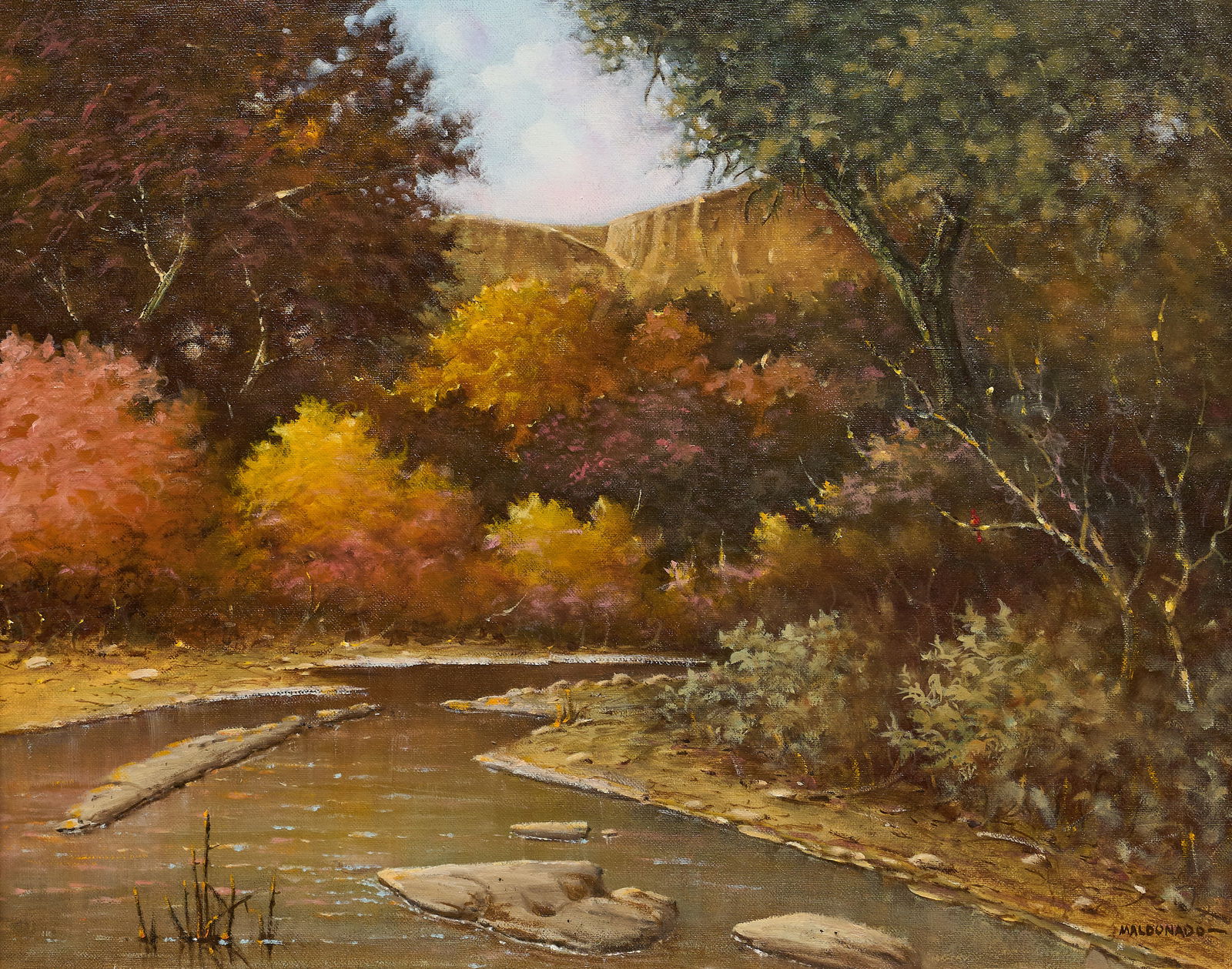 Daniel Maldonado, "Hill Country Creek": Daniel Maldonado (Texas, 1940-2022), "Hill Country Creek", oil on canvas, signed lower rightsight: 16 x 20 in., frame: 21 x 25.5 in.Provenance: Property from the collection of