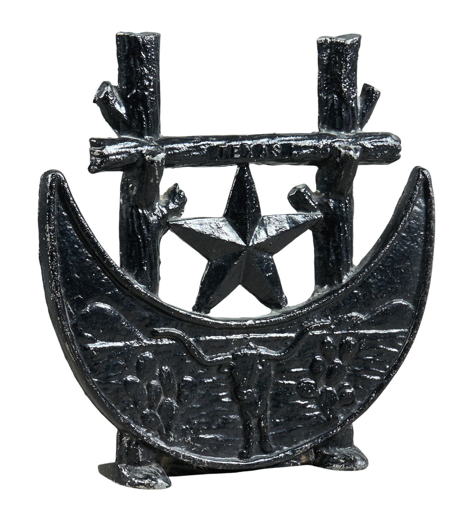 Texas Centennial Boot Scraper: Texas Centennial painted cast iron boot scaper with painted shiny black finishheight 10 in. x width 10 in. x depth 3 in. Provenance: Property from a home in Dripping Springs, Texas