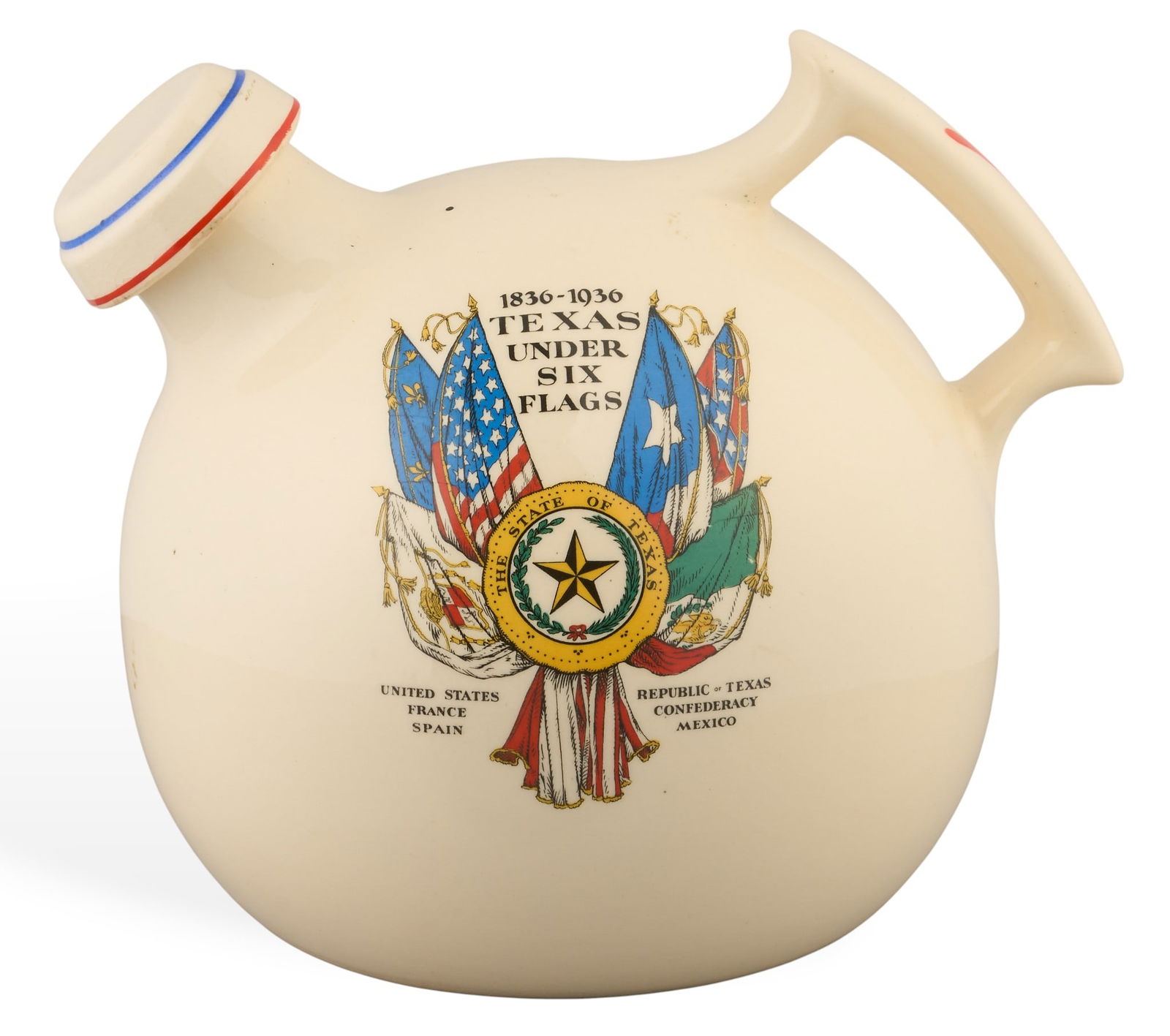 1936 Texas Centennial Decanter: Ceramic decanter commemorating the 1936 Texas Centennial, featuring the "Texas Under Six Flags" emblemheight 7 in. x width 8 in. x depth 7 in.Provenance: Property from an Arlington,