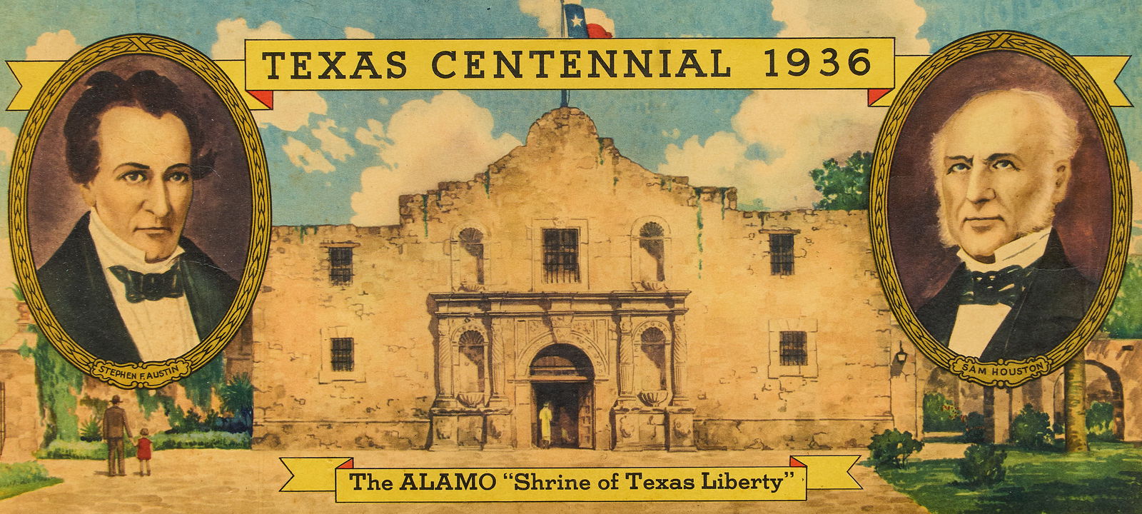 Texas Centennial 1936 Alamo Lithograph: Vintage lithograph commemorating the Texas Centennial in 1936, depicting the Alamo along with Stephen F. Austin and Sam Houstonsight: 8 x 17 in., frame: 13 x 21 in.Provenance: Property from
