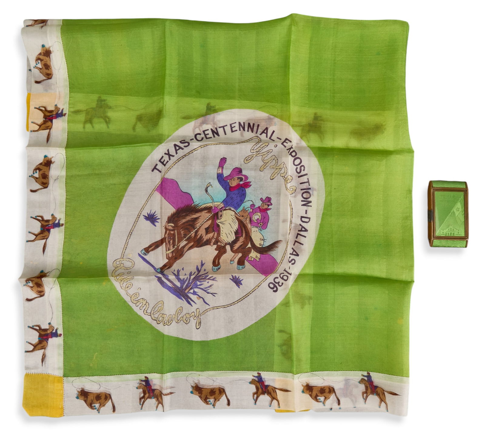 1936 Texas Centennial Scarf and Compact Set: Commemorative set including a green silk scarf with Texas Centennial Exposition design and a matching compactProvenance: Property from an Arlington, Texas collection.
