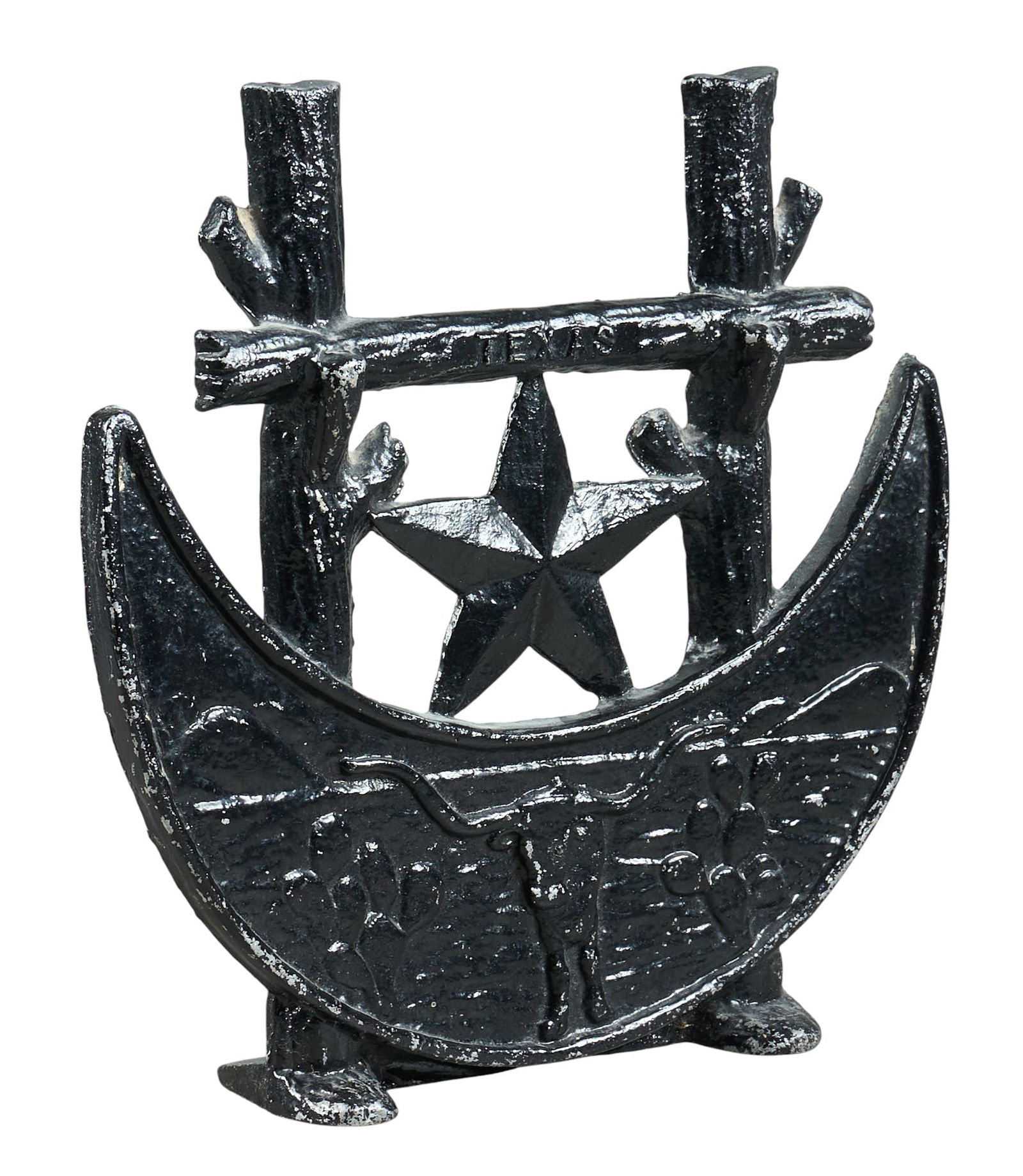 Texas Centennial Boot Scraper: Texas Centennial painted cast iron boot scaper with painted shiny black finishheight 10 in. x width 10 in. x depth 3 in. Provenance: Property from a home in Dripping Springs, Texas