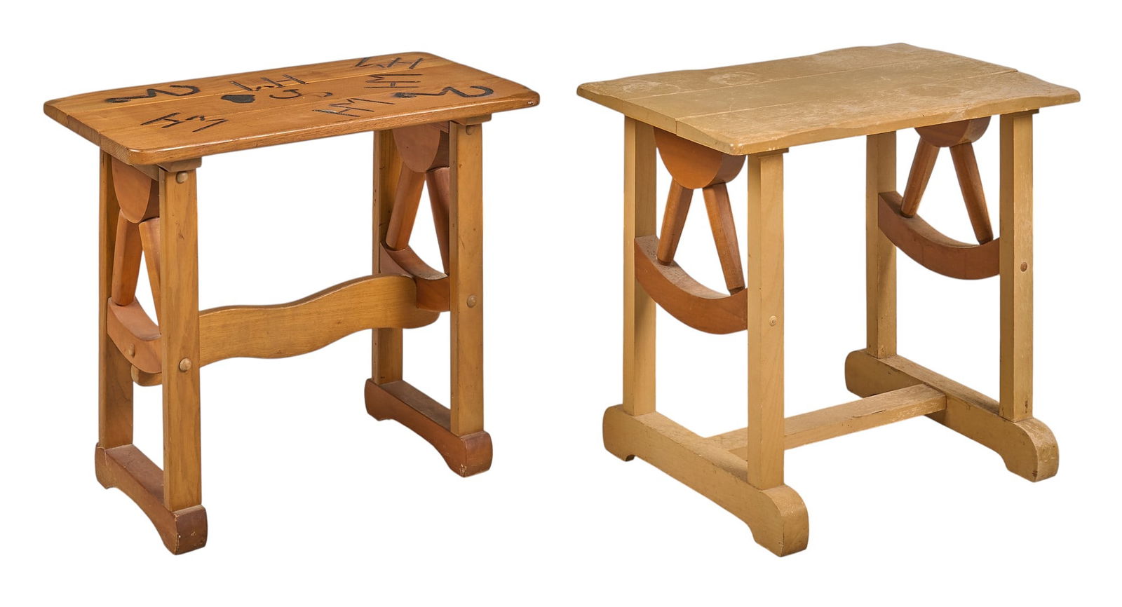 (2) Ranch Style Side Tables: Two ranch style side tables with similar wagon wheel decoration, with one having slightly darking finish, and brand motifsheight 21 in. x width 24 in. x depth 15 in. / largest Provenance: