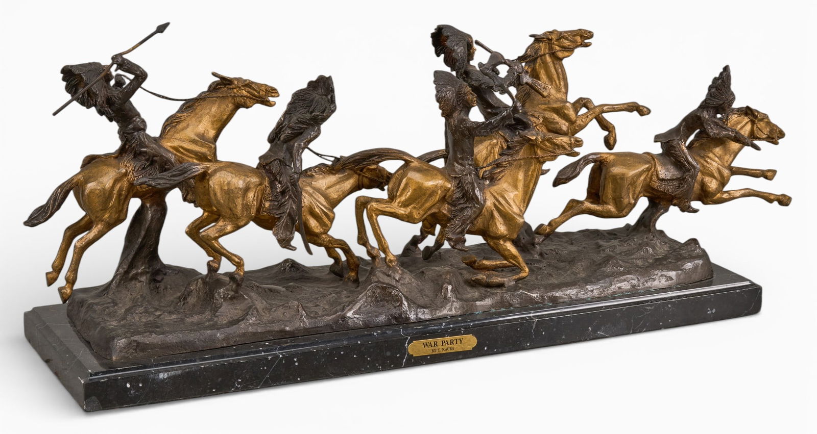 After Carl Kauba, War Party: After Carl Kauba (Austria / America, 1865-1922), "War Party", late 20th or early 21st century bronze recast sculpture atop stone base, erroneously stamped C. M. Russell height 12.5