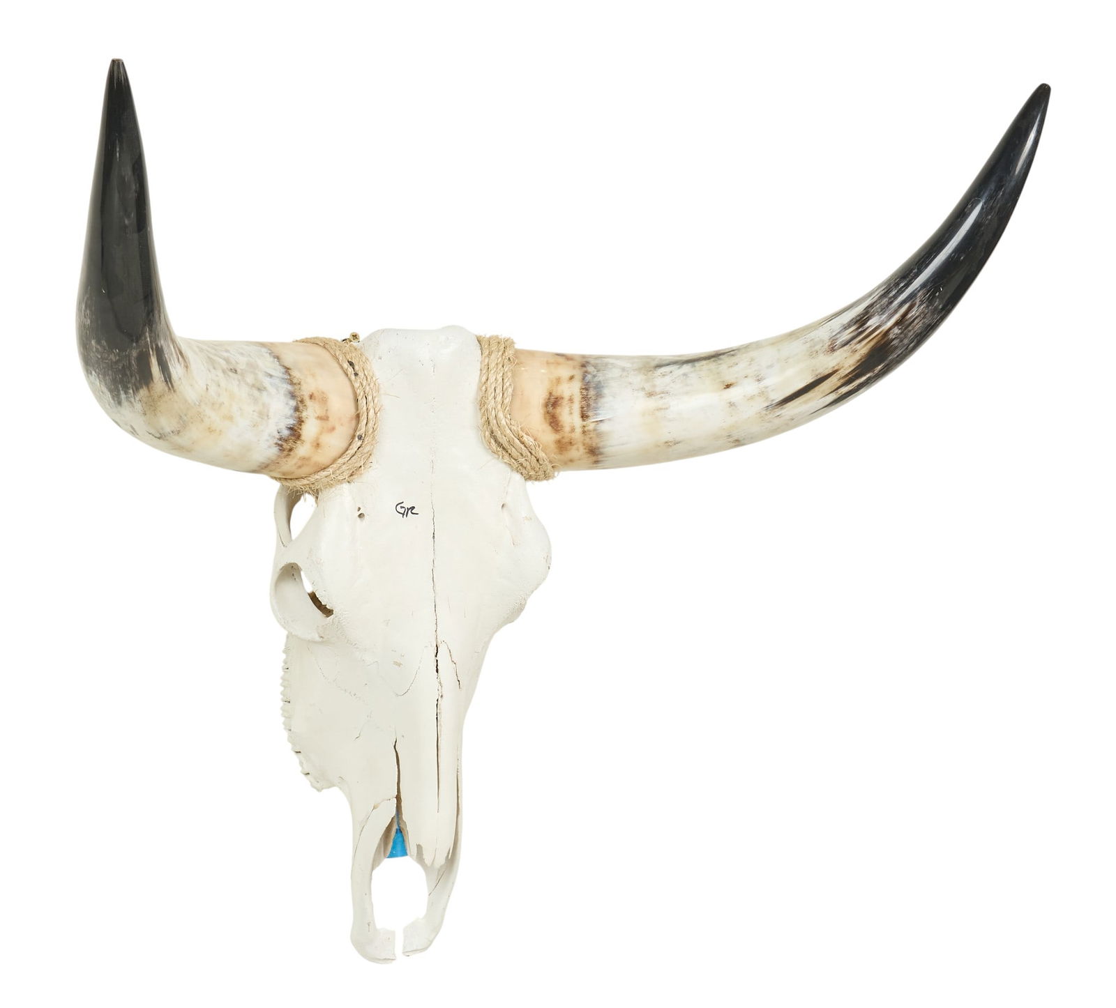Steer Skull: Horned steer skull with twisted rope details height 30 in. x width 33 in. x depth 15 in. Provenance: Property from a home in Alze, Texas
