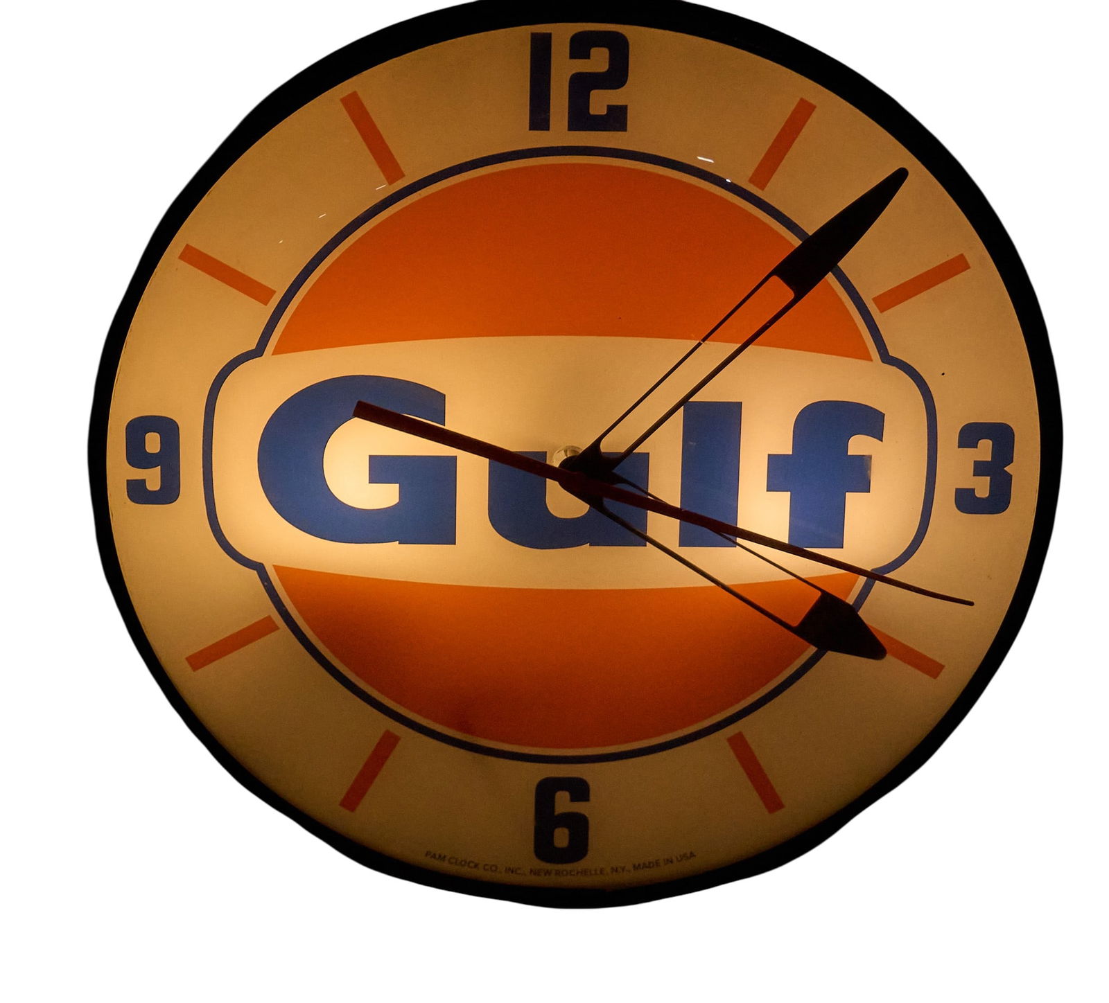 Gulf Oil Clock: Vintage Gulf Oil lighted clock height 15 in. x width 15 in. x depth 4 in. Provenance: Property from a home in Seguin, Texas
