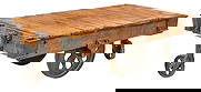 Industrial Railcar Coffee Table: Industrial style coffee table constructed from a reclaimed railcar, with wooden plank top and heavy-duty metal wheels. height 16 in. x wdith 55 in. x depth 27 in. Provenance: Property from