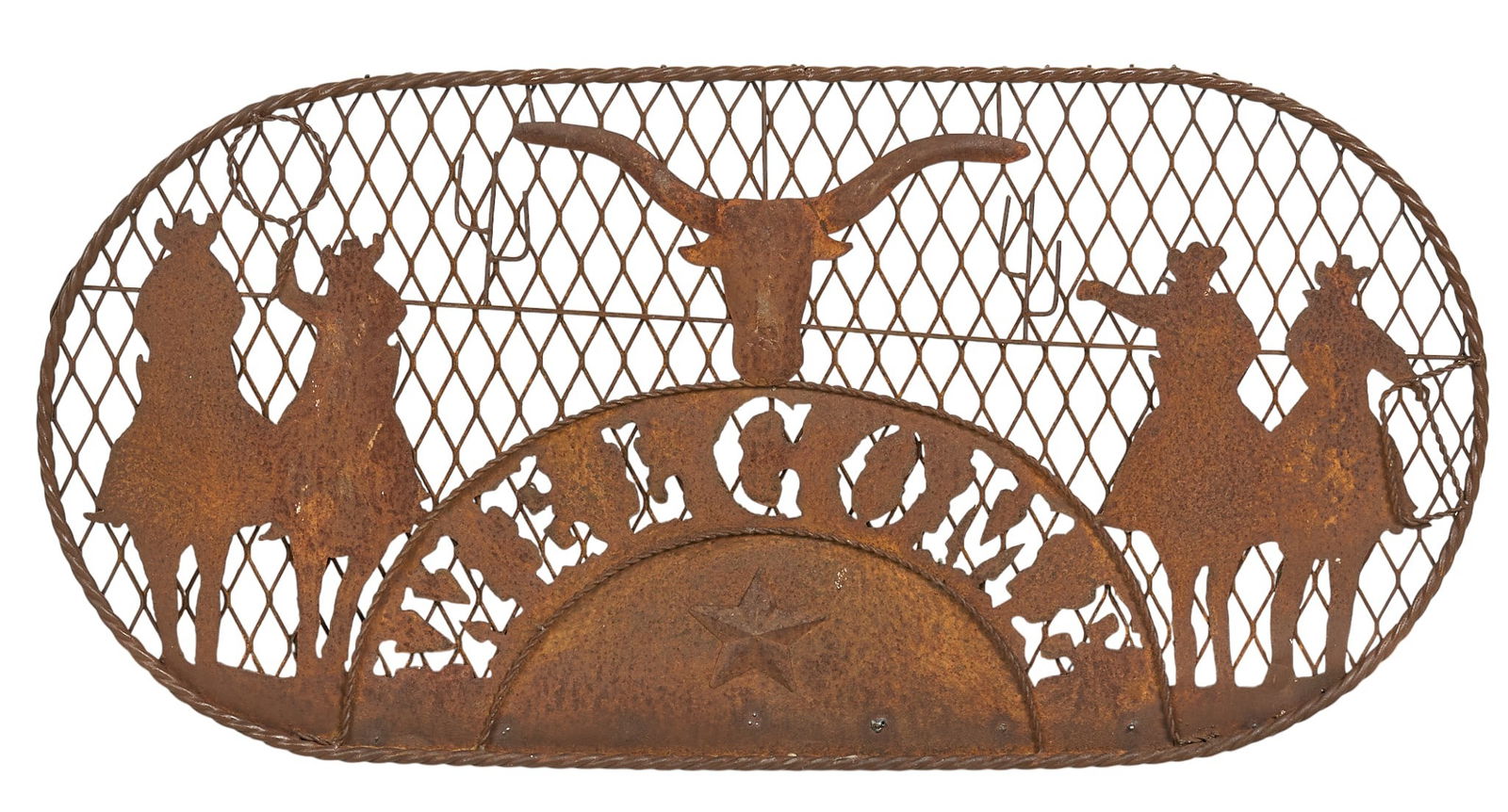 Rustic Western Welcome Sign: Rustic iron welcome sign with Texas Western themeheight 23 in. x width 46 in. x depth 1 in. Provenance: Property from a home in San Antonio, Texas