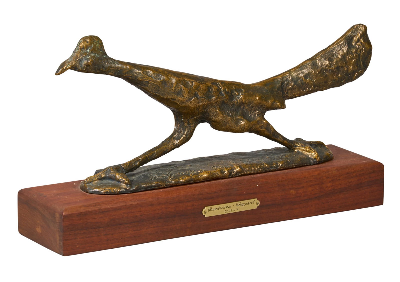 Ted DeGrazia, "Roadrunner - Chapparel": Ted DeGrazia (Arizona, 1909-1982), "Roadrunner - Chapparel", artist-cast bronze sculpture on wooden base, incised signature and potential foundry mark of two letters inscribed in a