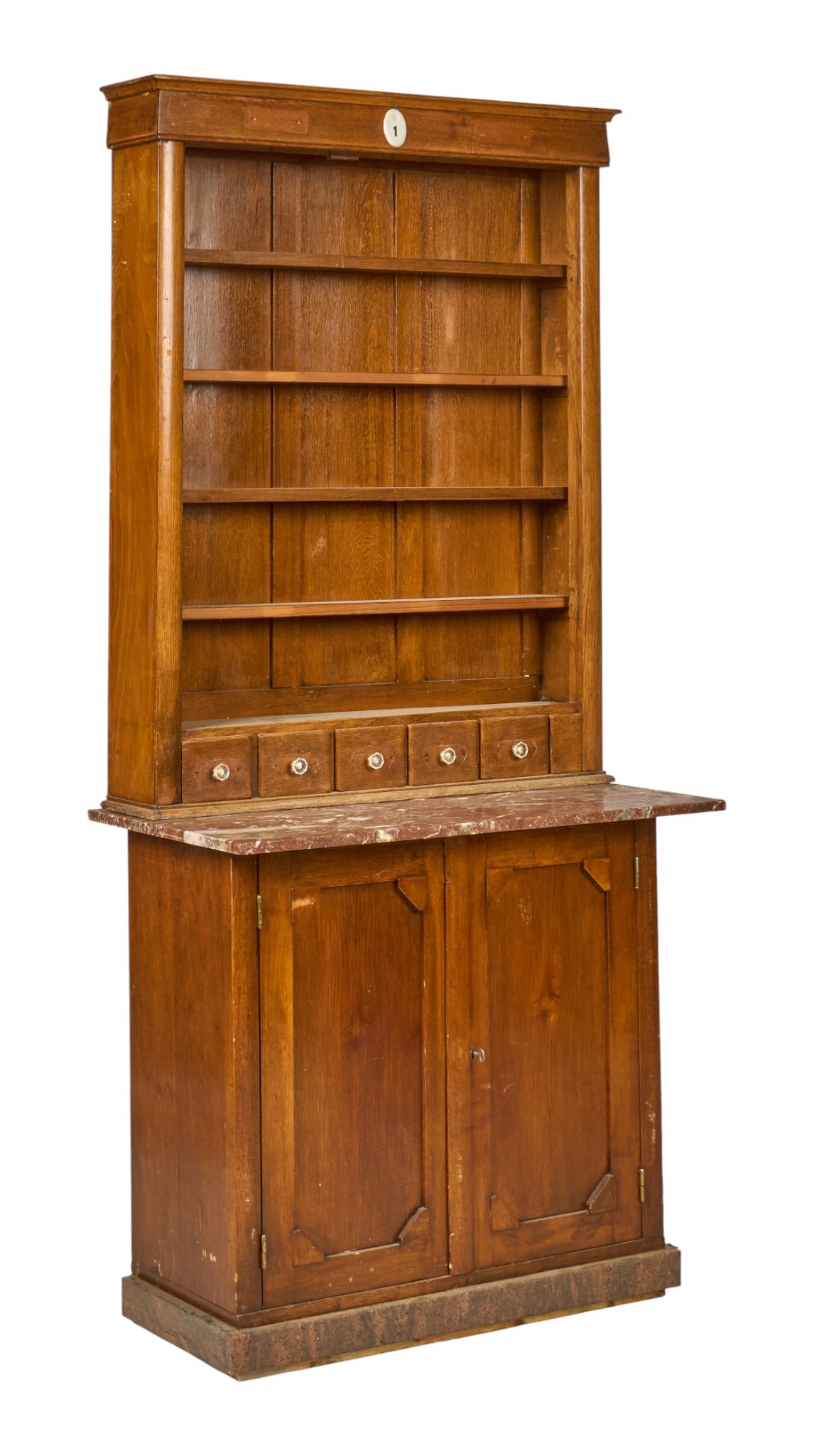 Two-Part Cabinet with Marble Top: Antique two-part cabinet with upper section with open shelving and a lower cabinet with two doors, and marble counterheight 86.5 in. x width 40 in. x depth 21 in. 