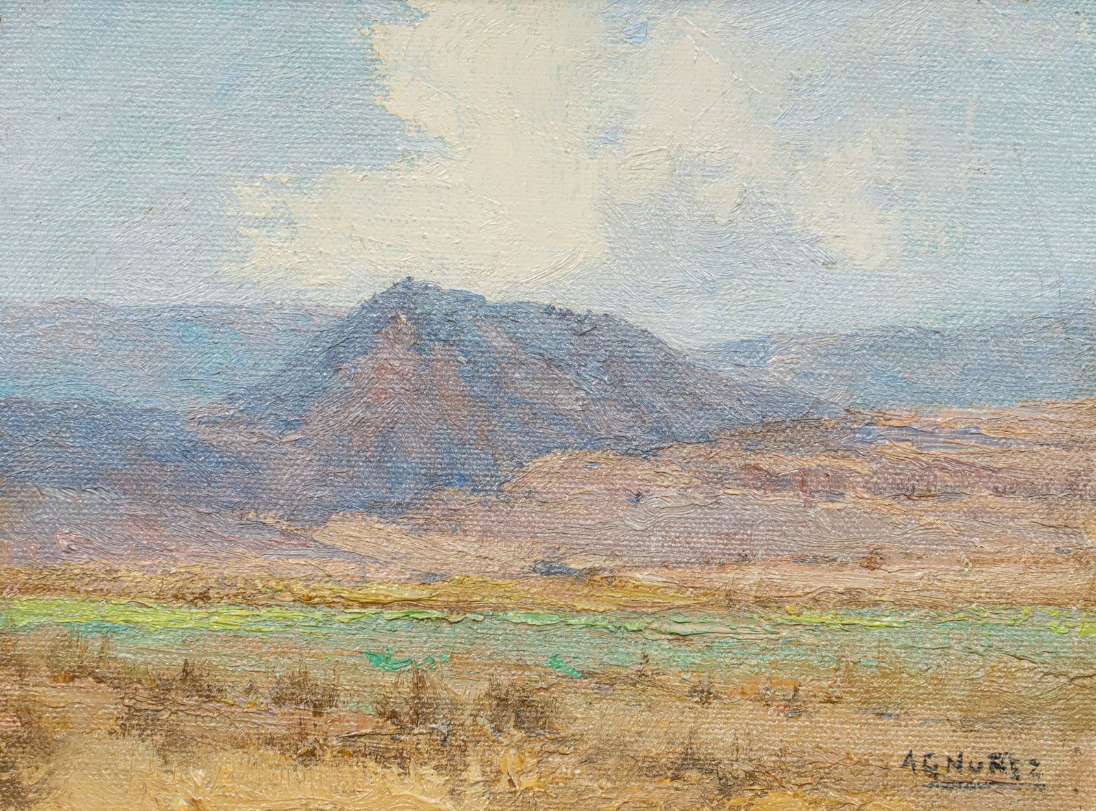 A. G. Nunez, Landscape with Mountain: Armando Garcia Nunez (Mexico, 1883-1965), untitled landscape with mountain, oil on canvas panel, signed lower rightplate: 6.5 x 8 in., frame: 9 x 11 in.Provenance: Property from a home in