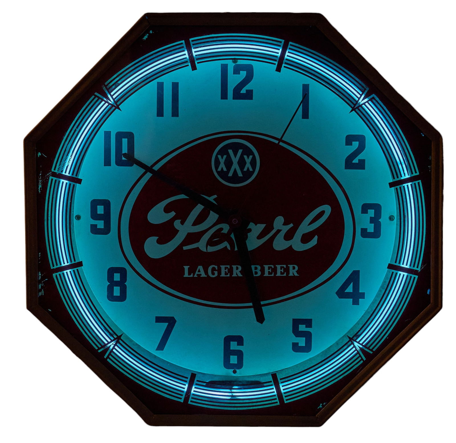 Vintage Pearl Beer Neon Clock, 1960's: Vintage Pearl Lager Beer neon clock, circa 1960s, in working conditionheight 18 in. x width 18 in. x depth 7 in. Provenance: Property from a home in San Antonio, Texas 