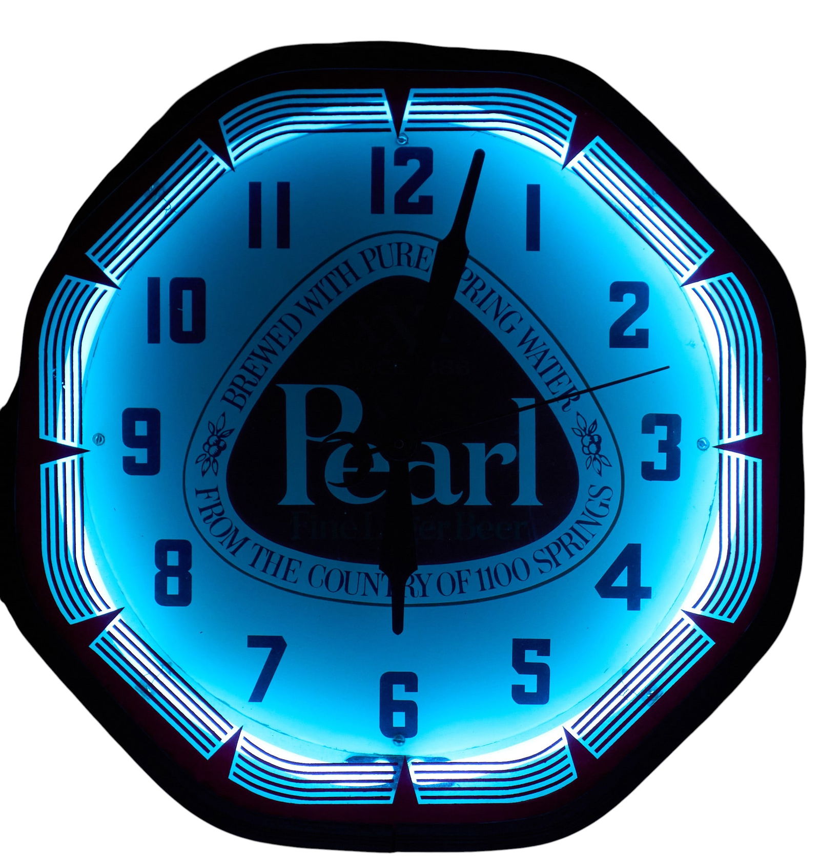 Vintage Pearl Beer Neon Clock, 1970s: Vintage Pearl Lager Beer neon clock, circa 1970s, in working conditionheight 19 in. x width 19 in. x depth 7 in. Provenance: Property from a home in San Antonio, Texas