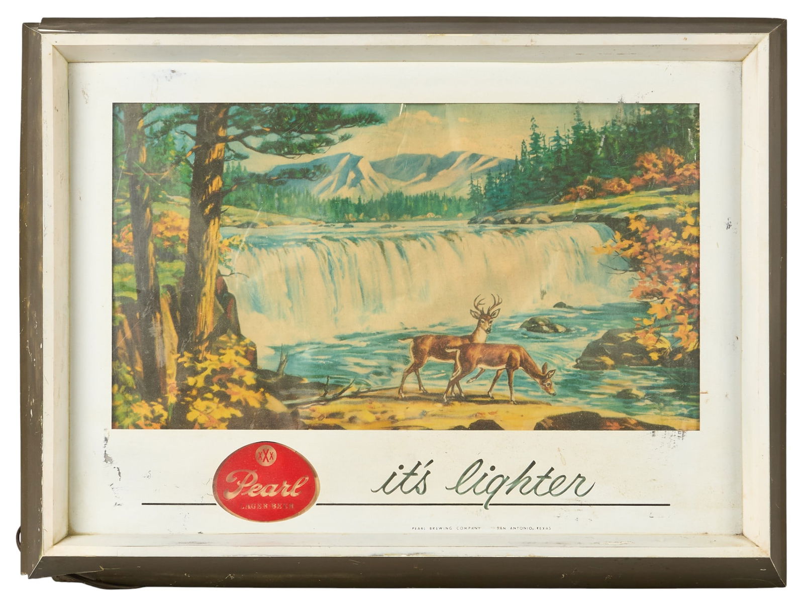 Pearl Beer Illuminated Motion Waterfall Sign: Pearl Beer advertising sign, illuminated motion waterfall design with deer, waterfall displays "It's Lighter" text, with Pearl Lager Beer logo, in working conditionheight 48