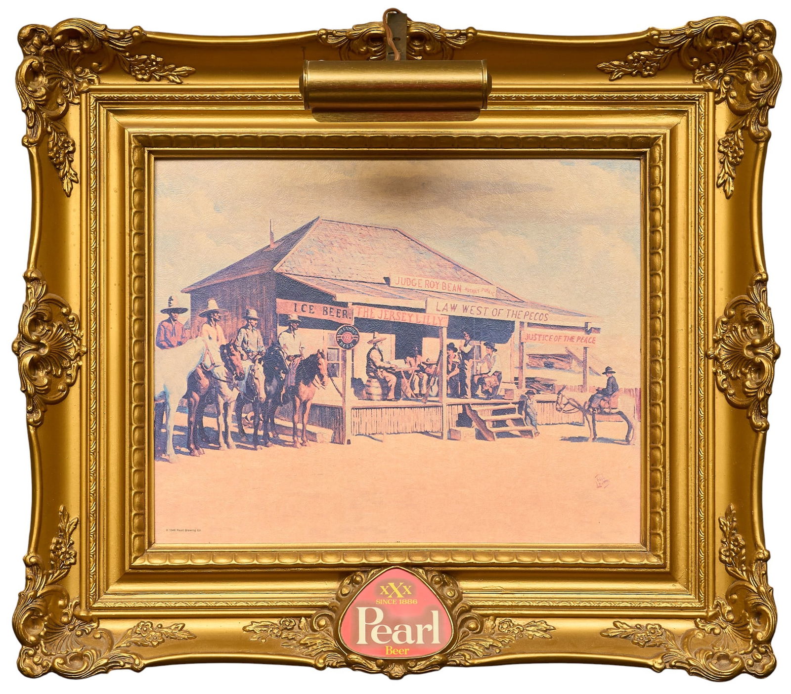 Framed Pearl Beer Judge Roy Bean Poster: Framed "Judge Roy Bean" Pearl Beer advertisement, depicting the infamous "Horse Thief Trial" at the Jersey Lilly Saloon in Langtry, Texas, in plastic frame with working