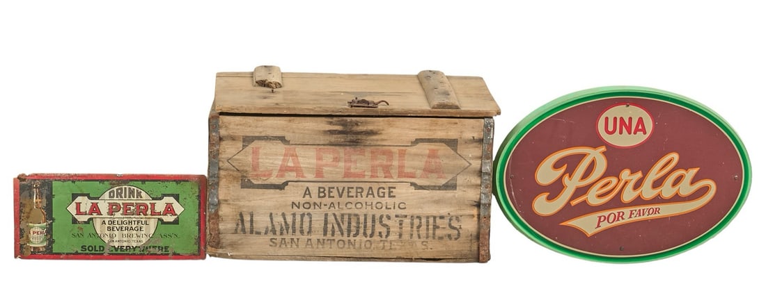 La Perla Advertising Signs & Crate: La Perla advertising items to include a wooden crate and metal advertising sign, both circa 1920s, and a light-up plastic sign, circa late 1970sProvenance: Property from a home in San Antonio, Texas