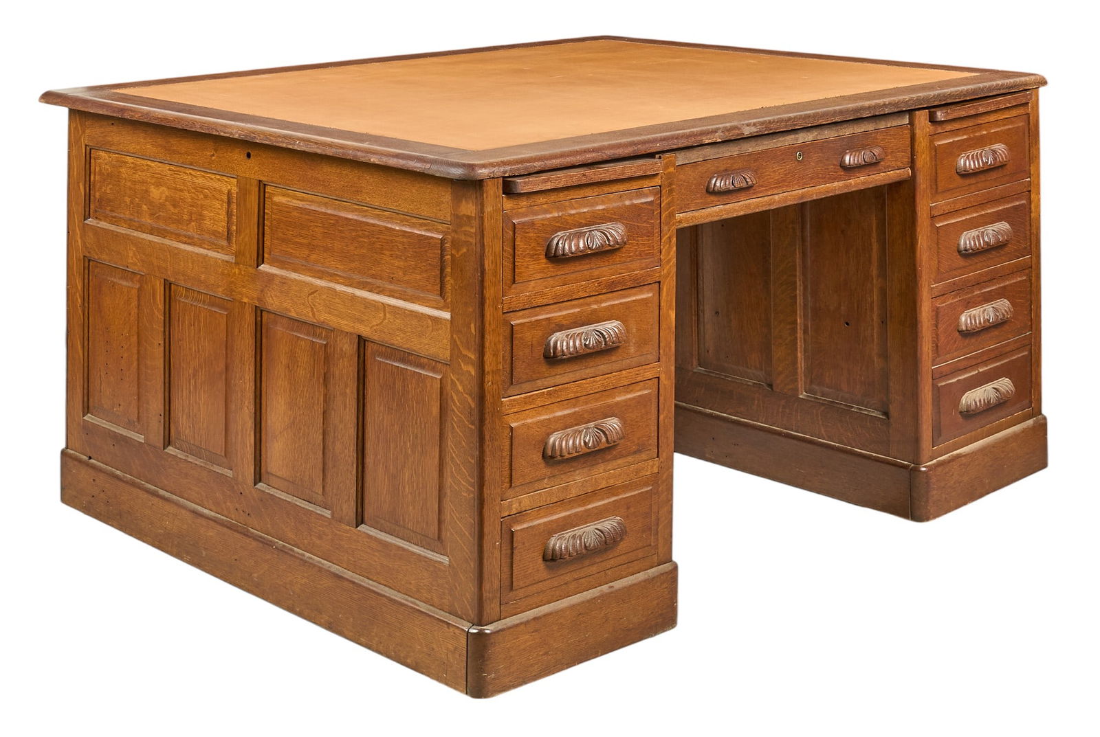 Vintage Executive Desk: Vintage executive desk with leather top, four drawers on each side, and a center drawer height 30 in. x width 60 in. x depth 48 in. Provenance: Property from a home in San Antonio, Texas