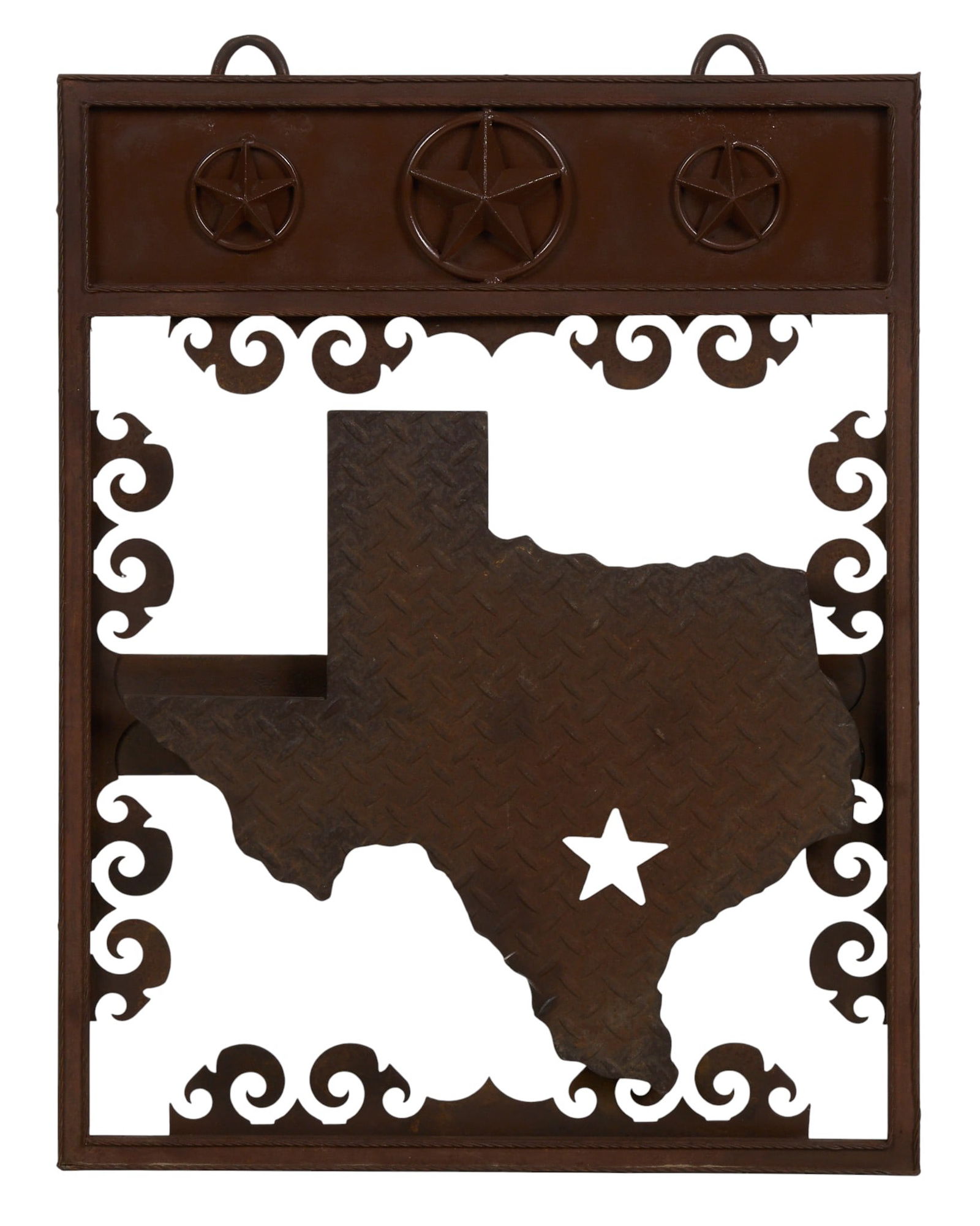 Rustic Texas Folk Art Sign: Hanging rustic folk art decor sign with Texas shapeheight 36 in. x width 27 in. x depth 3 in. Provenance: Property from a home in San Antonio, Texas