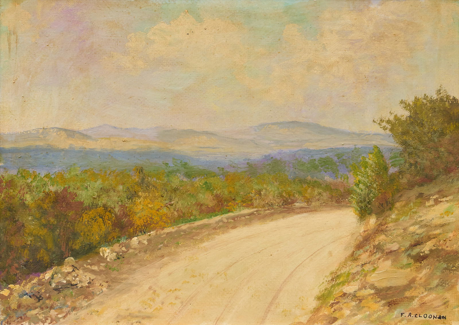 F.A. Cloonan, Dirt Road: Francis Austin Cloonan (Ireland / Texas, 1865-1950), dirt road landscape, oil on panelsight: 10 in. x 14 in., frame: 14 in. x 18 in.Provenance: Property from a home in Buda, TexasFrancis