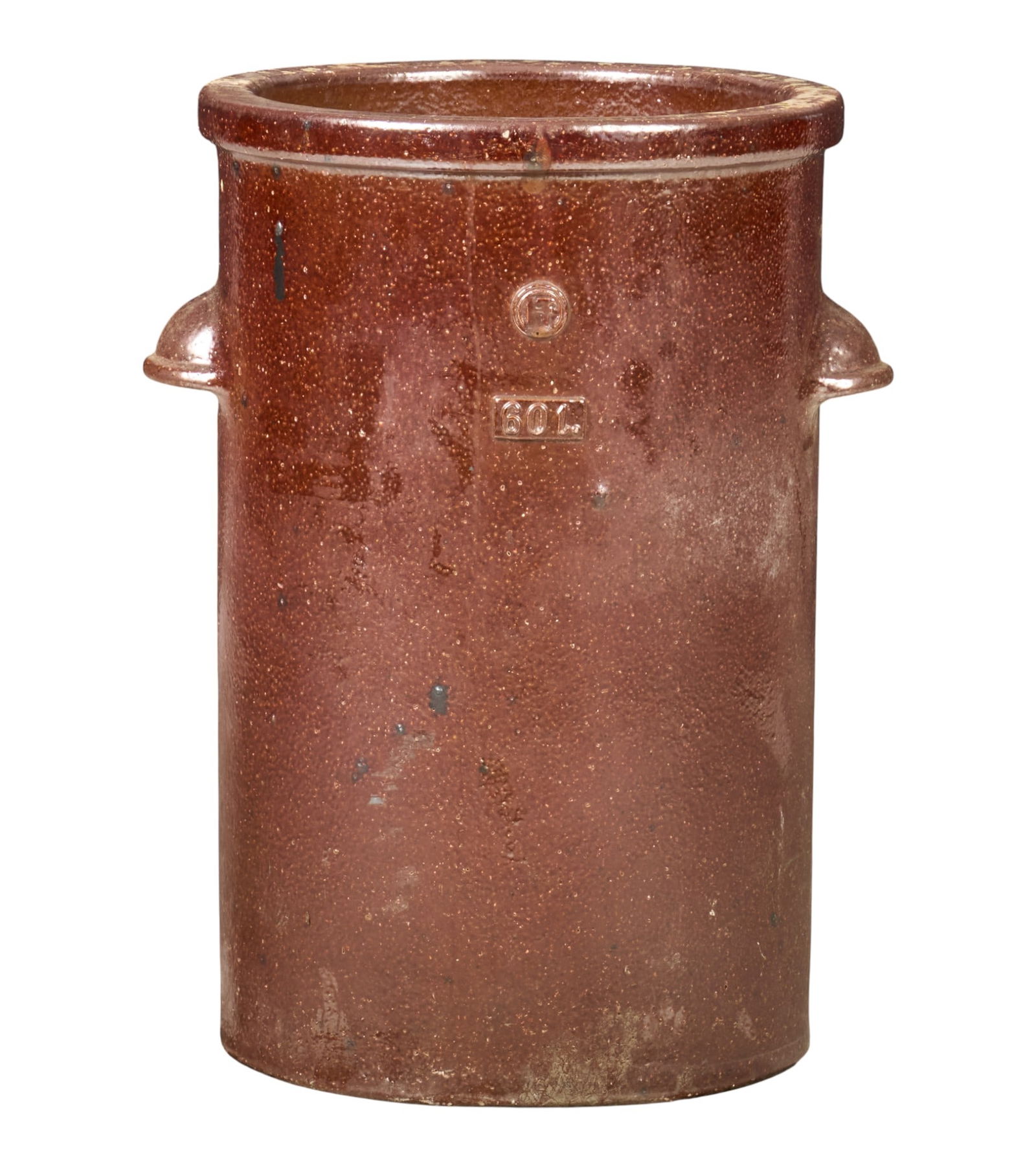 Stoneware Crock: Large stoneware crock with applied handles height 26 in. x width 19 in. x depth 17 in. 