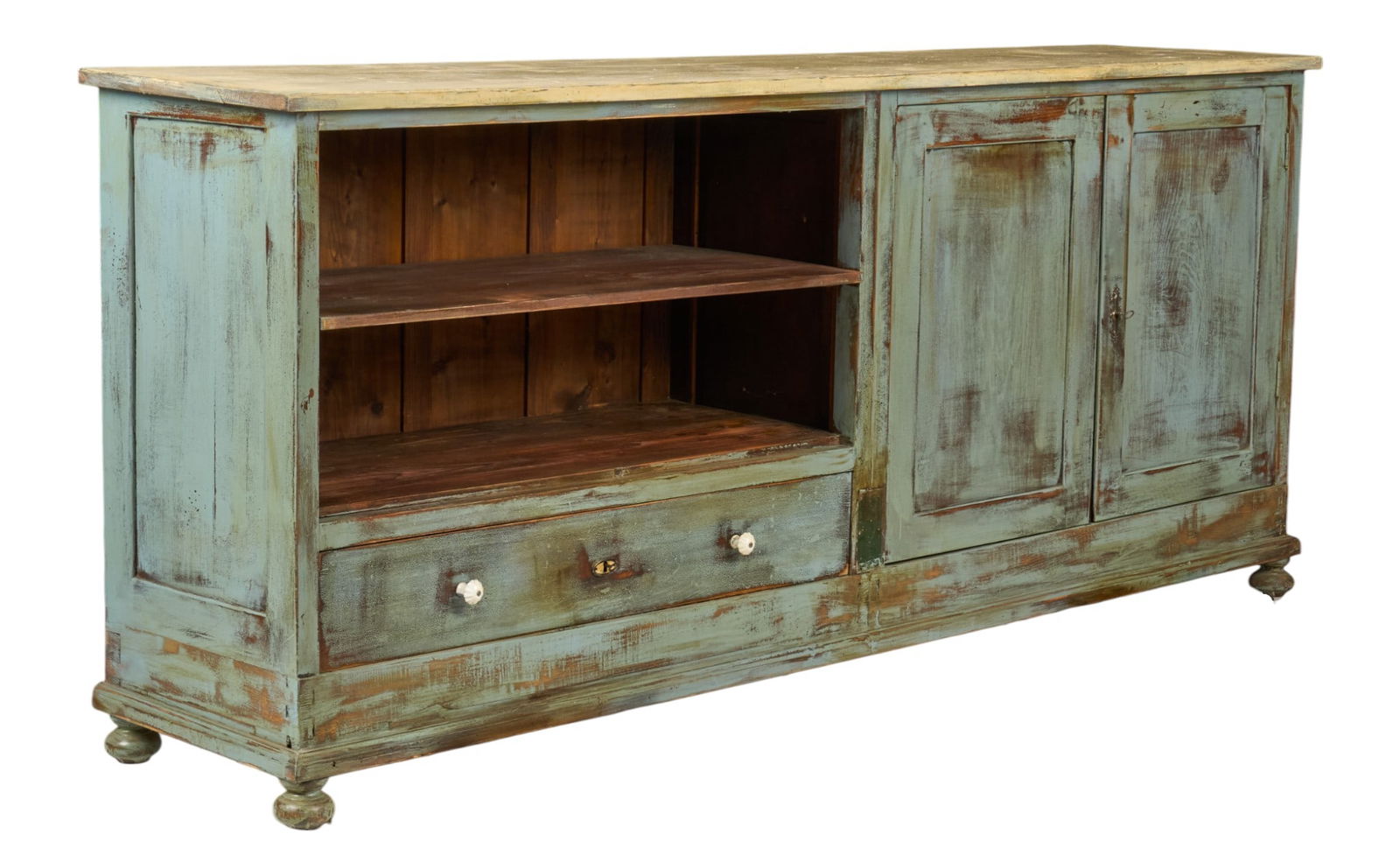 8 Ft. Wide Rustic Server: Rustic eight-foot-wide server with open shelf, single drawer, and two-door cabinet, and distressed paint finish, supported on bun feet height 41.5 in. x width 97 in. x width 21 in. 