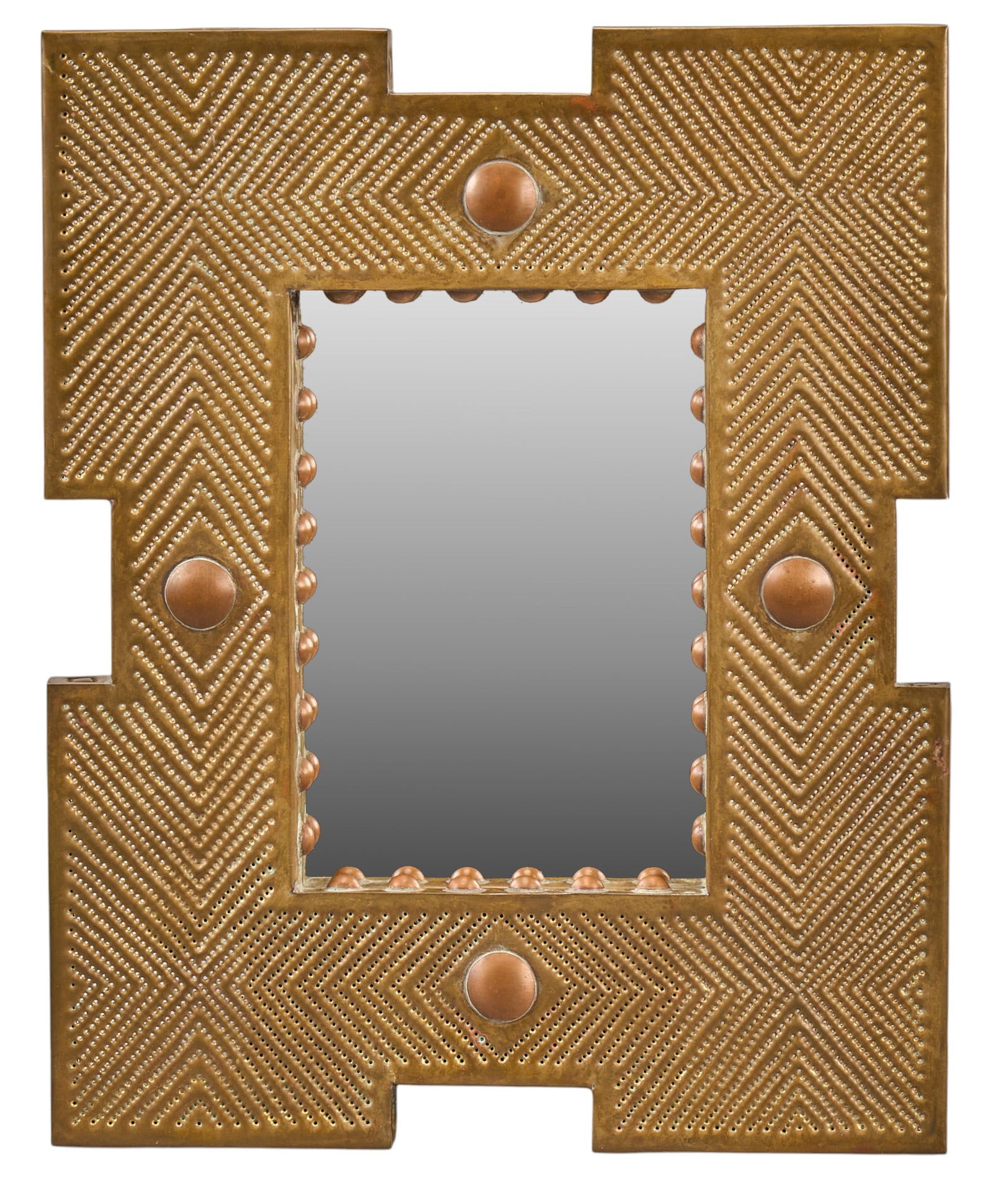 Isaac Maxwell, Pierced Tin Mirror: Isaac Maxwell (San Antonio, Texas) punched copper mirror, with geometric form and large circular accents height 18 in. x width 15 in. x depth 2 in. Provenance: Property from a home in San Antonio, Tex