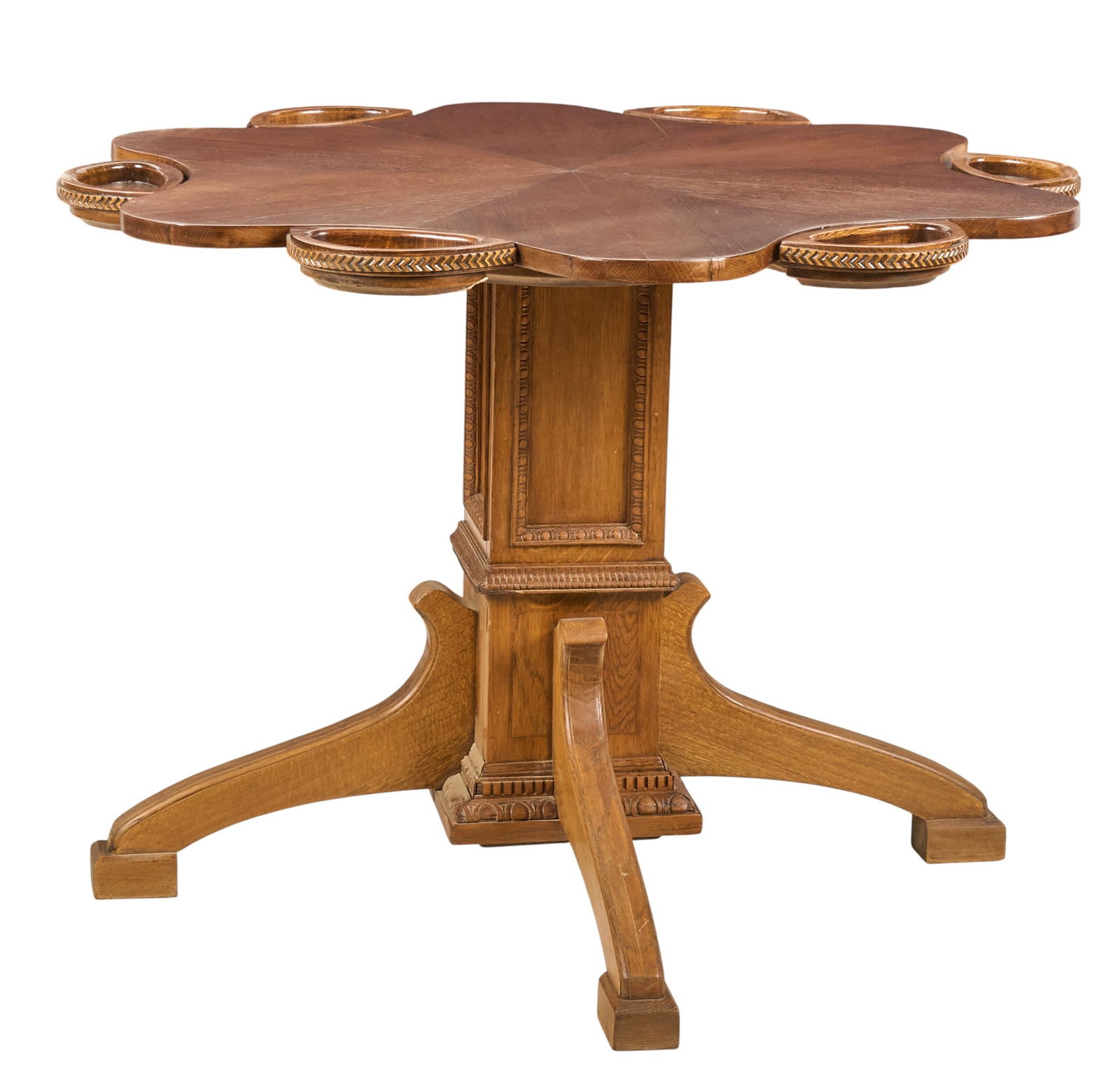 Vintage Card Table: Vintage card table with inlaid top and multiple drink holders around the perimeter, supported on central pedestal support with four splayed legsheight 29 in. x width 40 in. x depth 40