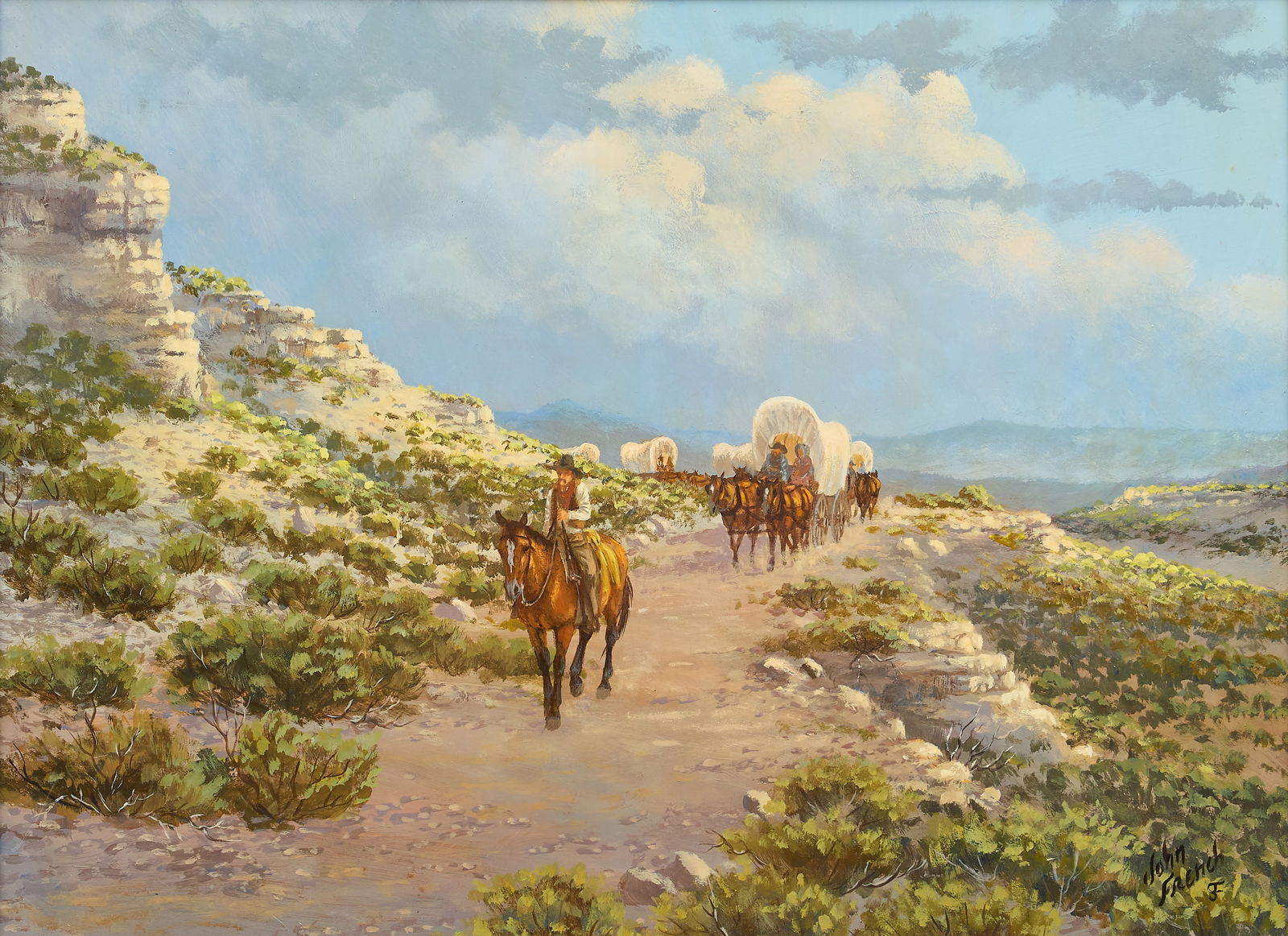 John French, Chuck Wagons: John French (Texas, b. 1936), chuck wagon train in landscape, oil on masonite, signed lower rightsight: 12 x 16 in., frame: 20 x 24 in.Provenance: Property from a Rockport, Texas home