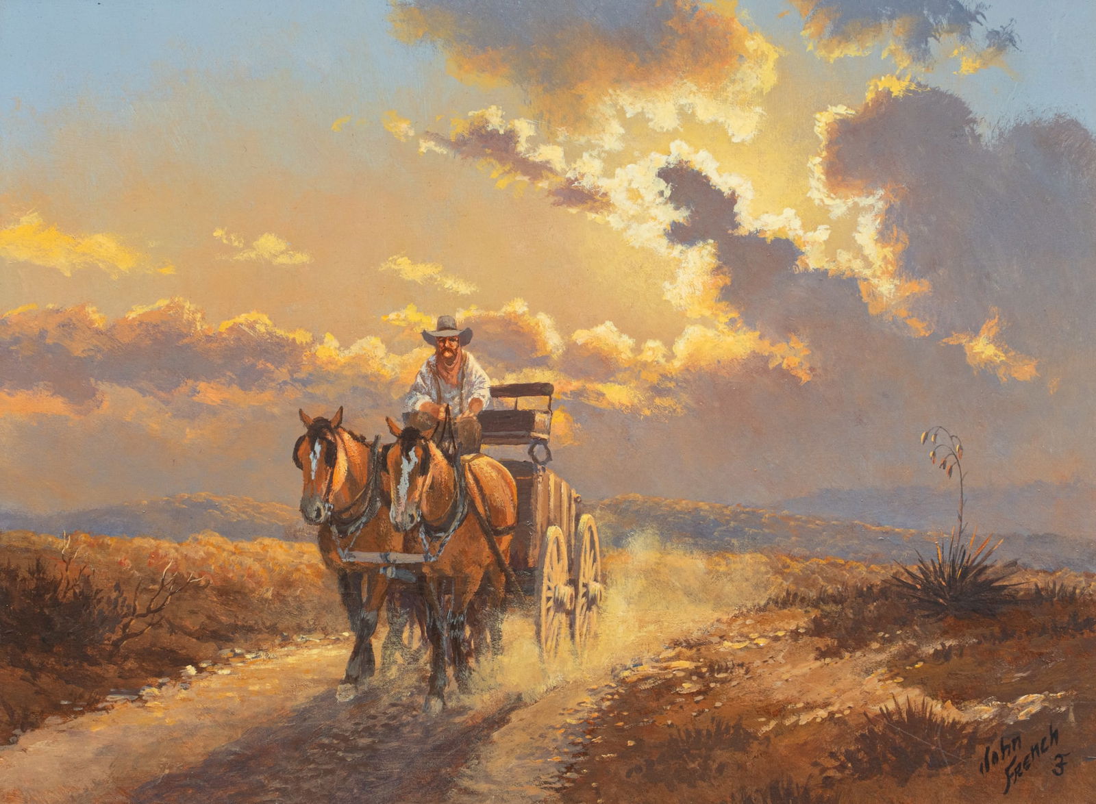 John French, "Out Early", 1989: John French (Texas, b. 1936), "Out Early", oil on masonite, signed lower right, titled, signed and dated on the verso, 1989sight: 9 x 12 in., frame: 15 x 18 in.Provenance: