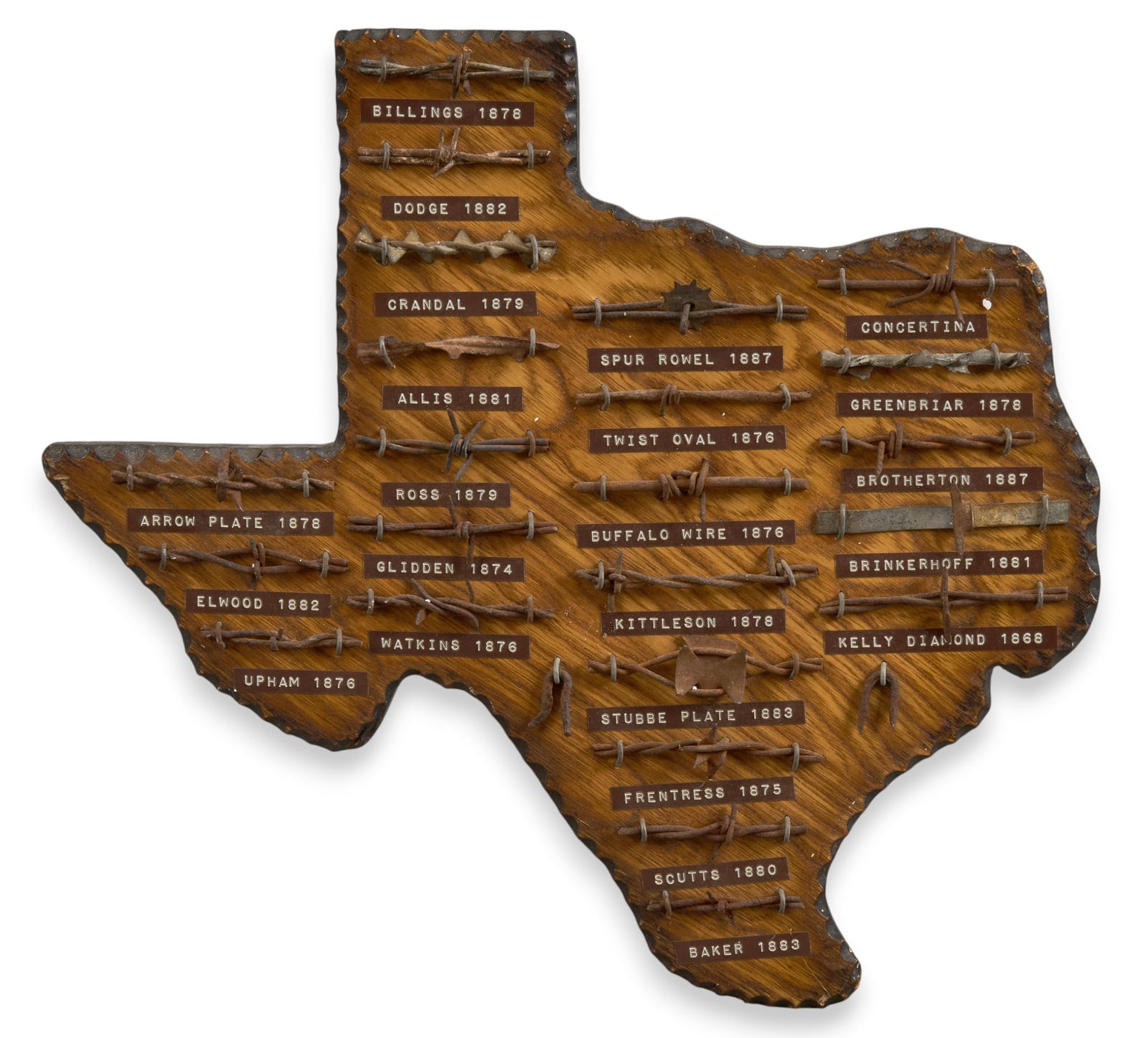 Texas Barbed Wire Display: Vintage barbed wire wall display, wooden form in the shape of the state of Texas, with different barbed wire, each labeled and dated height 15.5 in. x width 16.5 in. x depth 1.5 in. Provenance: