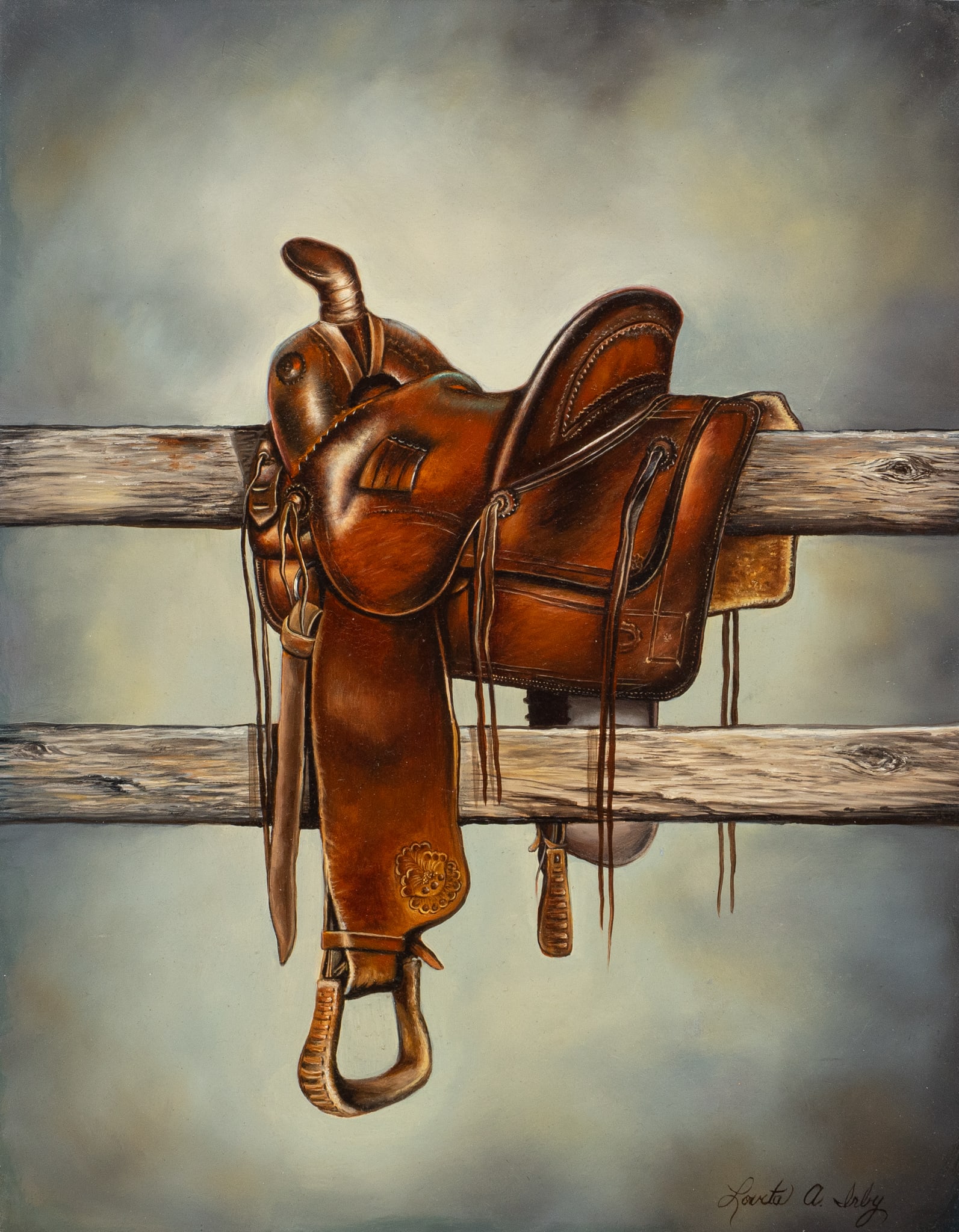 Lovita Irby, Western Saddle: Lovita A. Irby (Texas, 20th C.), Western saddle on wooden fence, oil on panel, signed lower rightsight: 14 x 11 in., frame: 20 x 17 in.Provenance: Property from a home in San Antonio, Texas