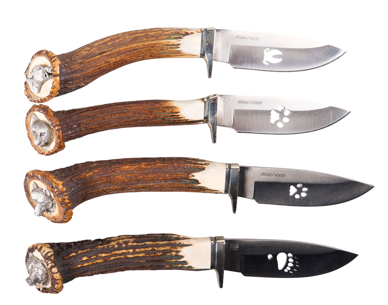 (4) Wild Bill Cody Custom Knives: Four custom Wild Bill Cody knives, circa 1998, with stag handles, and blades etched with animal paw prints and marked "Wild Bill Cody", each numbered out of 1000 length 10.5 in. x width
