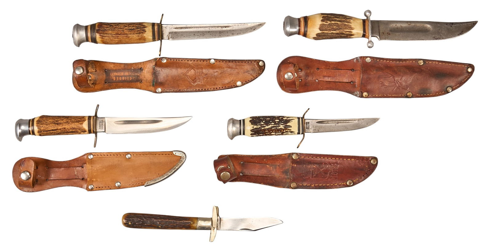 (5) Vintage German Hunting Knives: Includes: -1) Vintage Puma Scout knife w/ leather sheath; stag & banded handle -2) Vintage Voos Schlieper-Solingen knife w/ leather sheath; faux stag & banded handle -3) Vintage